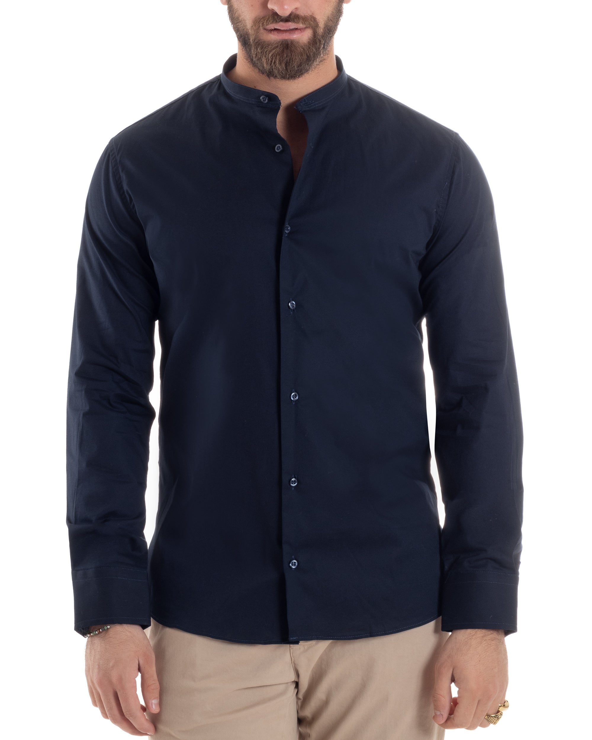 Camicia Uomo Collo Coreano Cotone Basic Sartoriale Slim Fit Tinta Unita Blu GIOSAL-C2938A