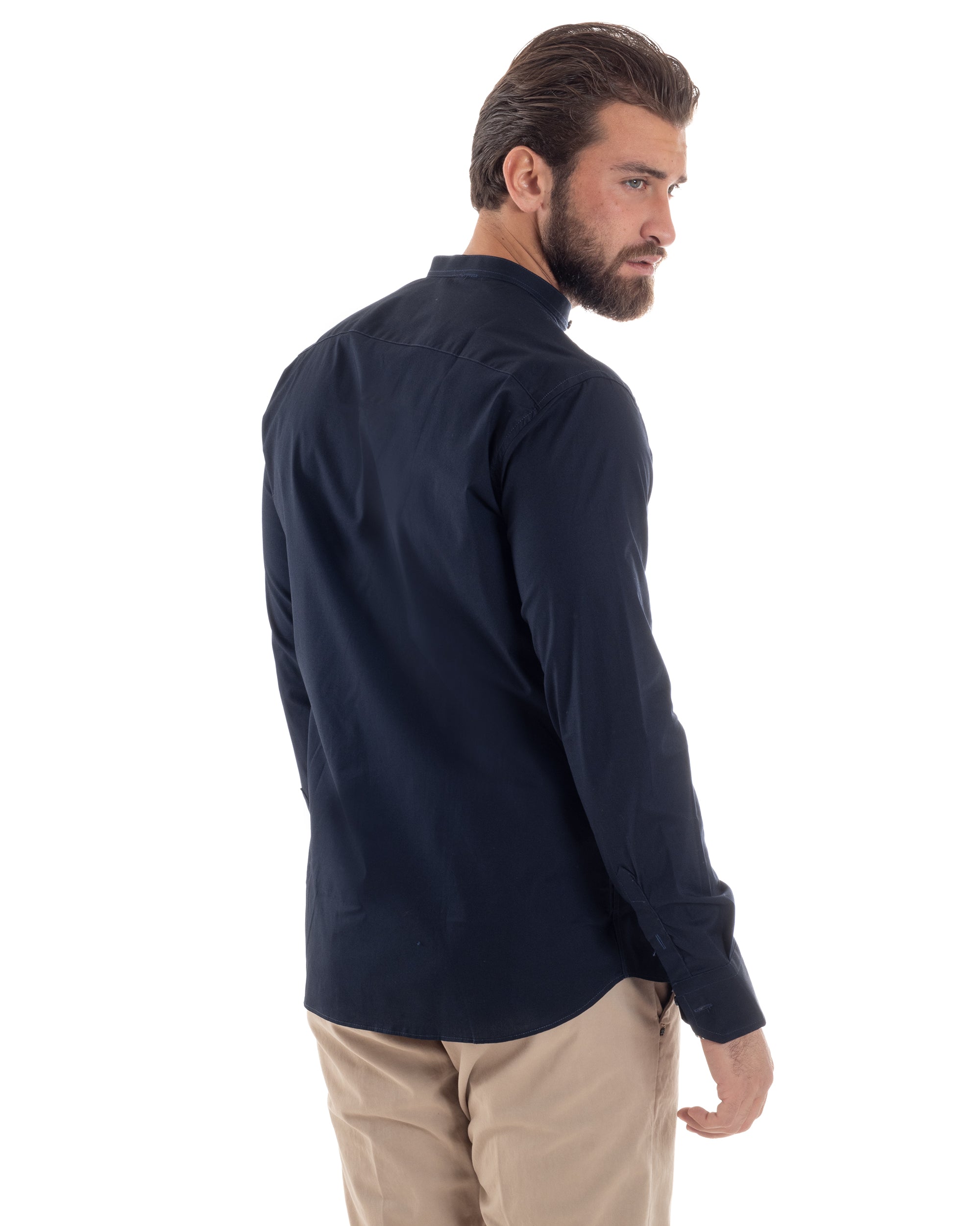 Camicia Uomo Collo Coreano Cotone Basic Sartoriale Slim Fit Tinta Unita Blu GIOSAL-C2938A