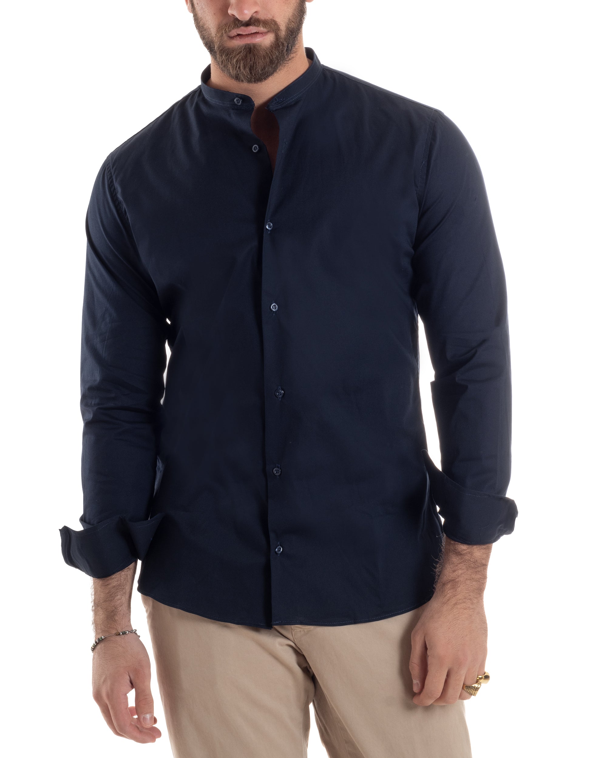 Camicia Uomo Collo Coreano Cotone Basic Sartoriale Slim Fit Tinta Unita Blu GIOSAL-C2938A