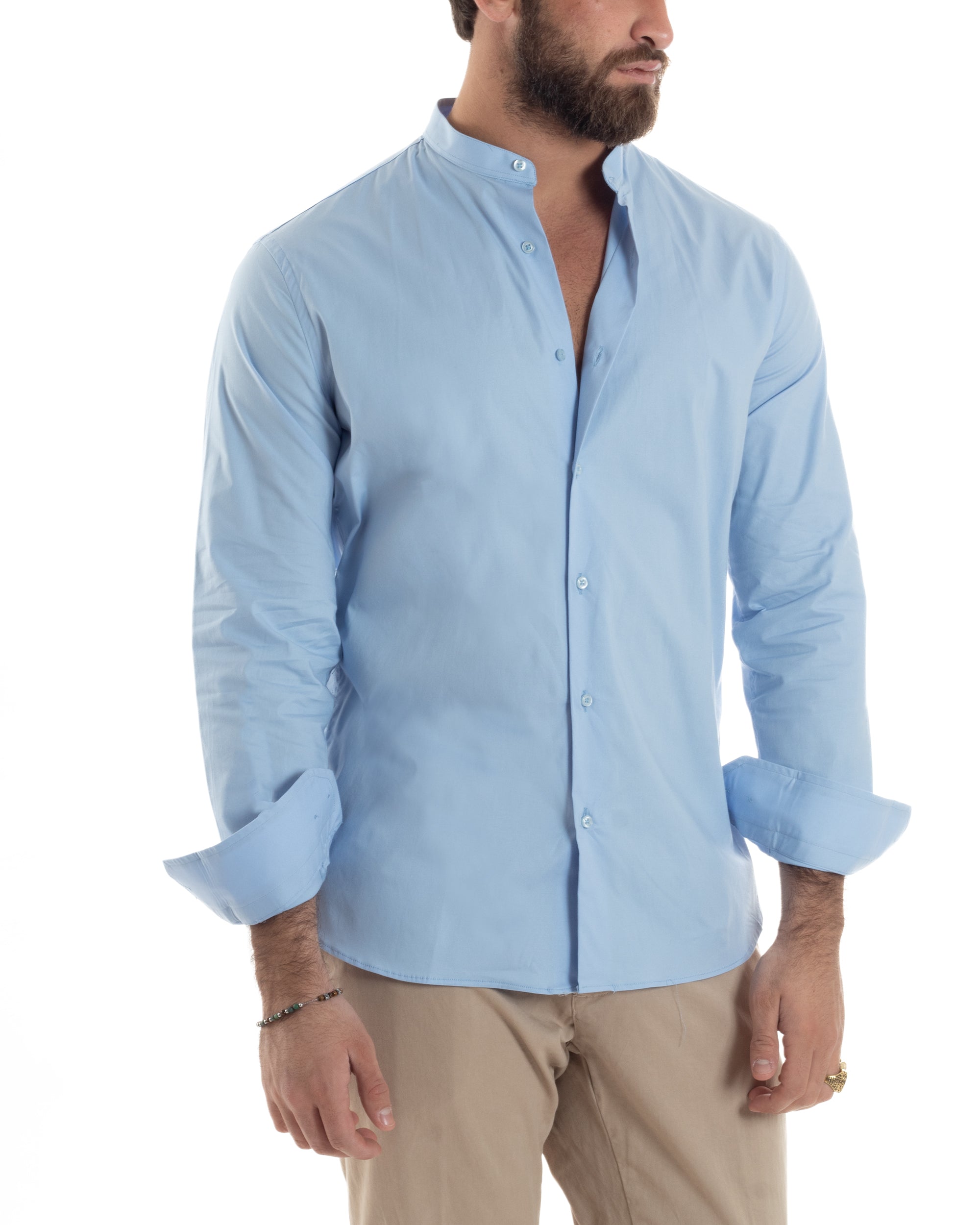 Camicia Uomo Collo Coreano Cotone Basic Sartoriale Slim Fit Tinta Unita Celeste GIOSAL-C2939A