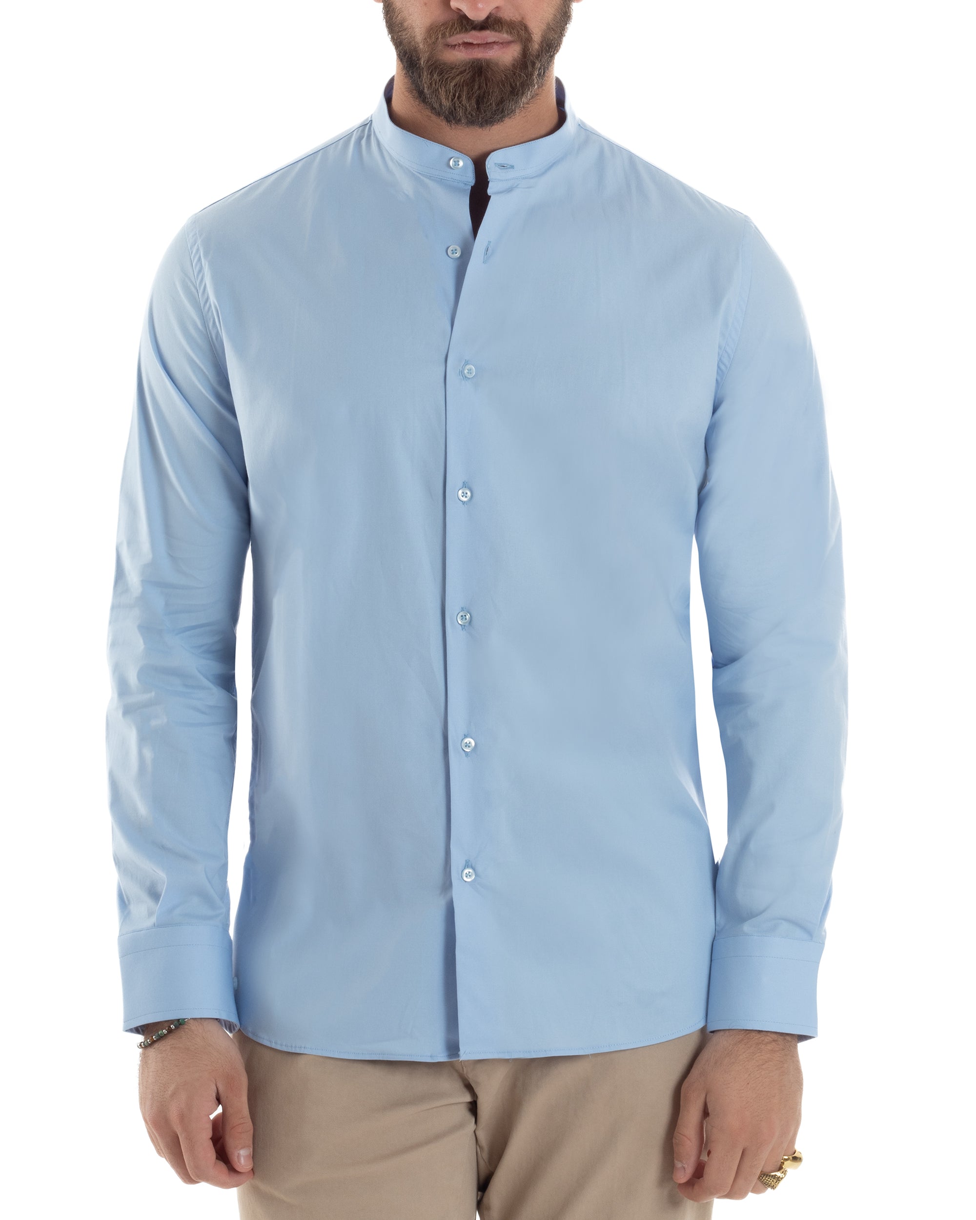 Camicia Uomo Collo Coreano Cotone Basic Sartoriale Slim Fit Tinta Unita Celeste GIOSAL-C2939A