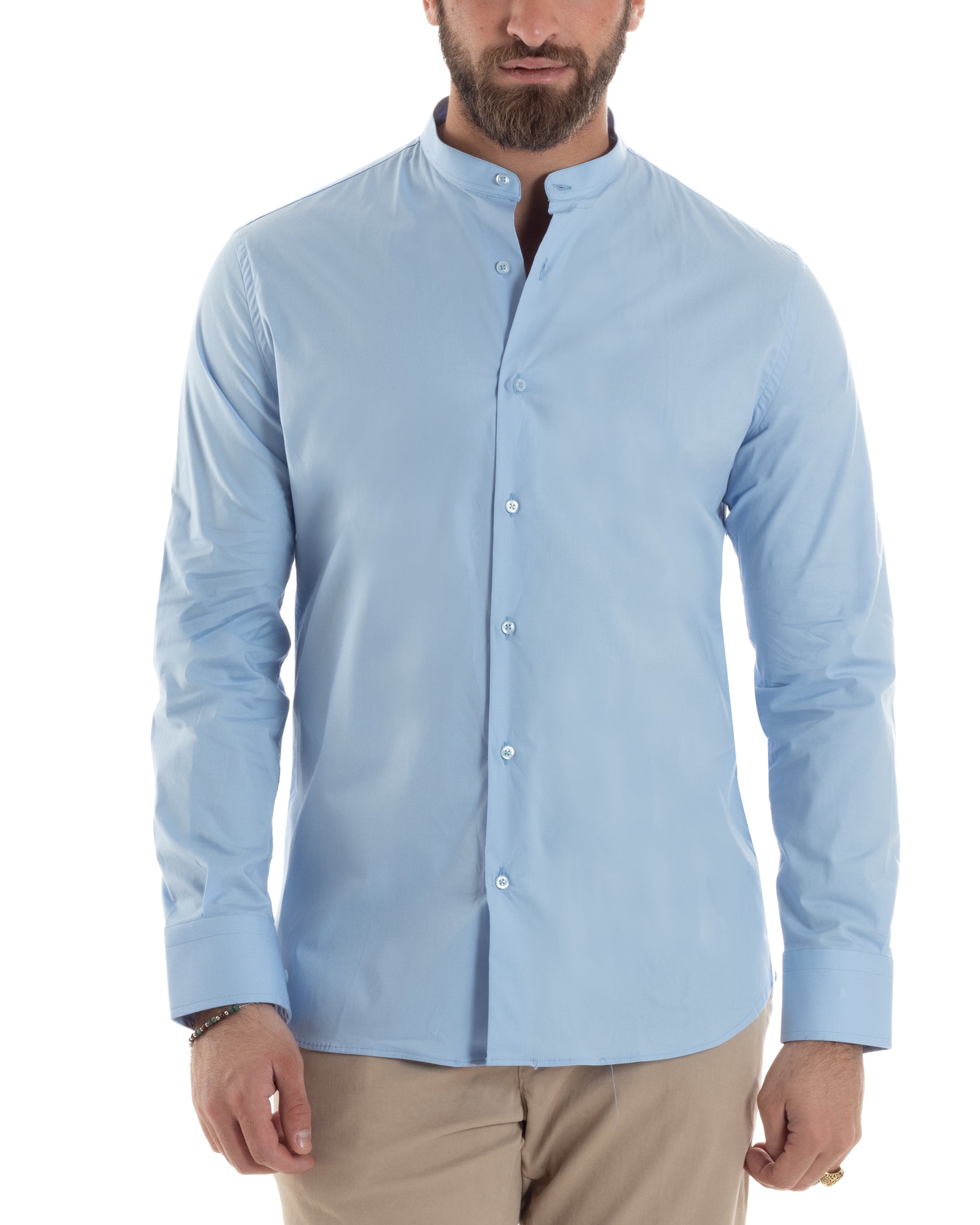 Camicia Uomo Collo Coreano Cotone Basic Sartoriale Slim Fit Tinta Unita Celeste GIOSAL-C2939A