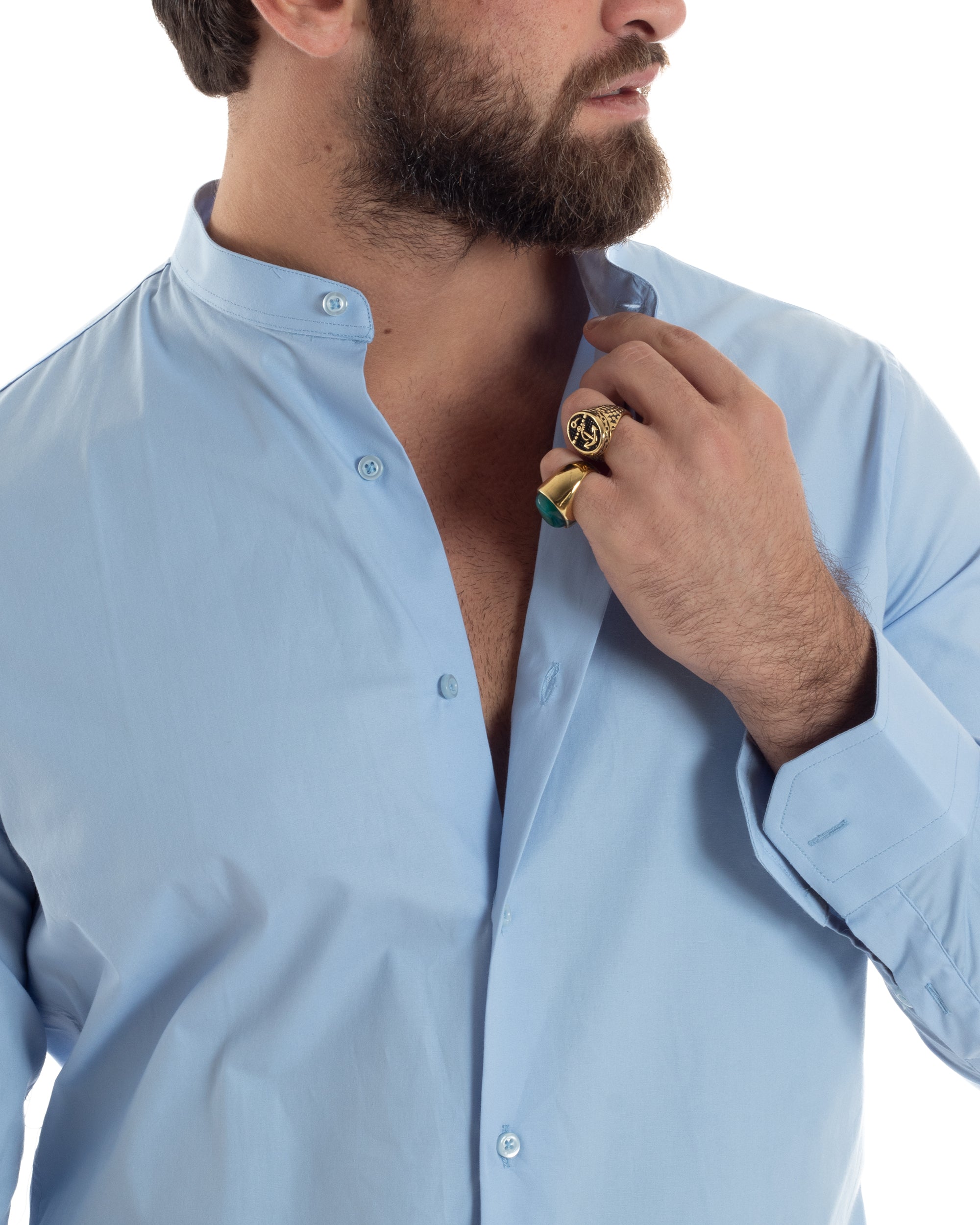 Camicia Uomo Collo Coreano Cotone Basic Sartoriale Slim Fit Tinta Unita Celeste GIOSAL-C2939A