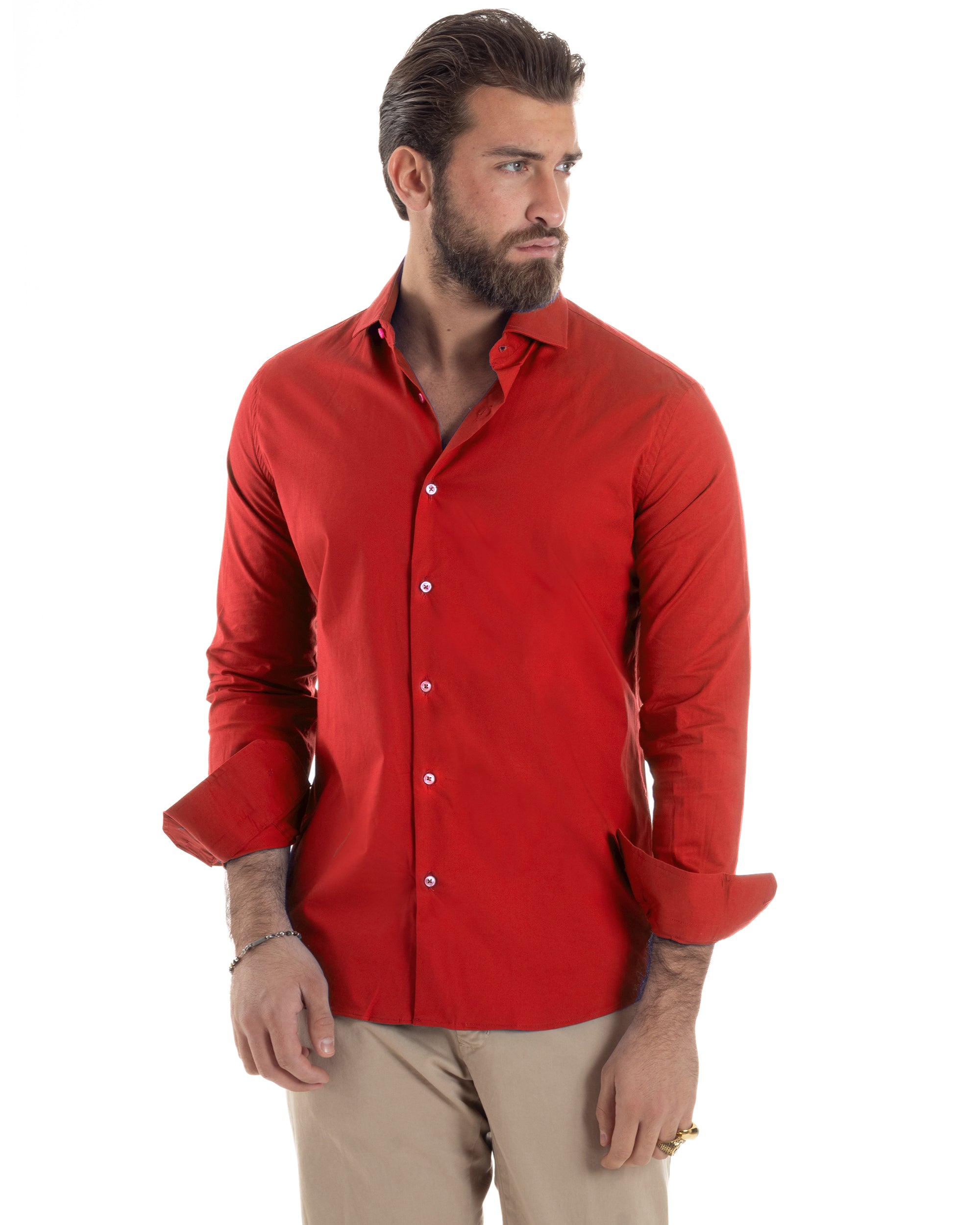 Camicia Uomo Con Colletto Francese Cotone Basic Sartoriale Slim Fit Tinta Unita Rosso GIOSAL-C2940A
