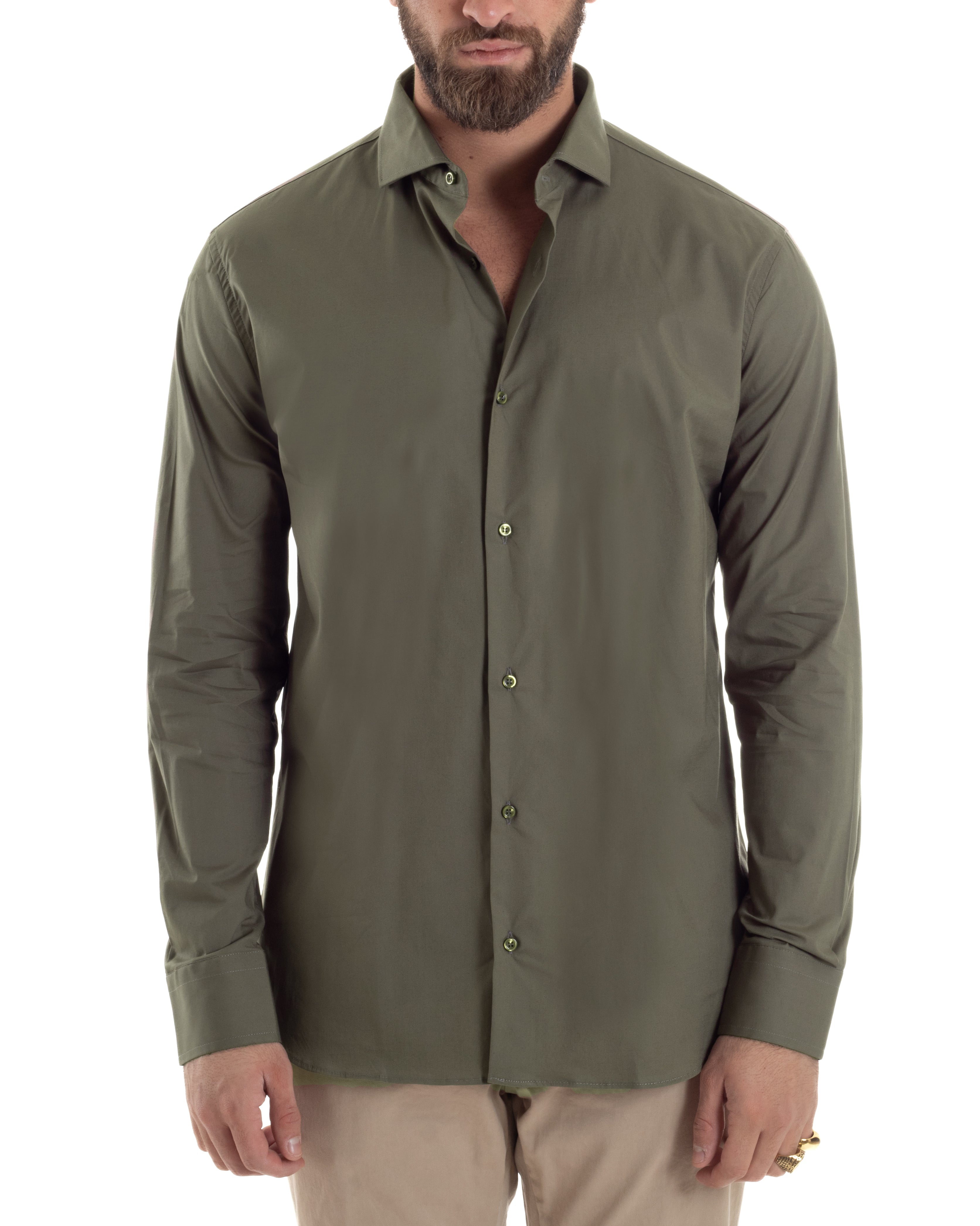 Camicia Uomo Con Colletto Francese Cotone Basic Sartoriale Slim Fit Verde Militare C2941A