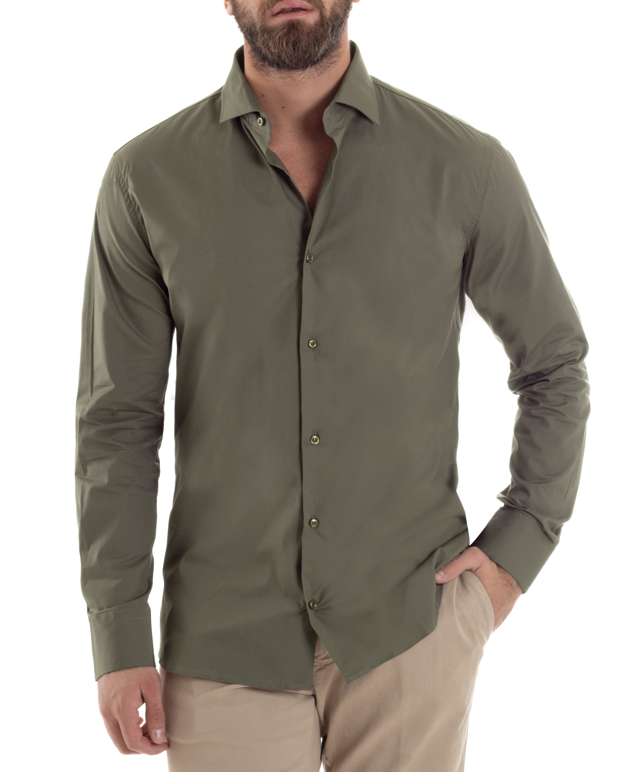 Camicia Uomo Con Colletto Francese Cotone Basic Sartoriale Slim Fit Verde Militare C2941A