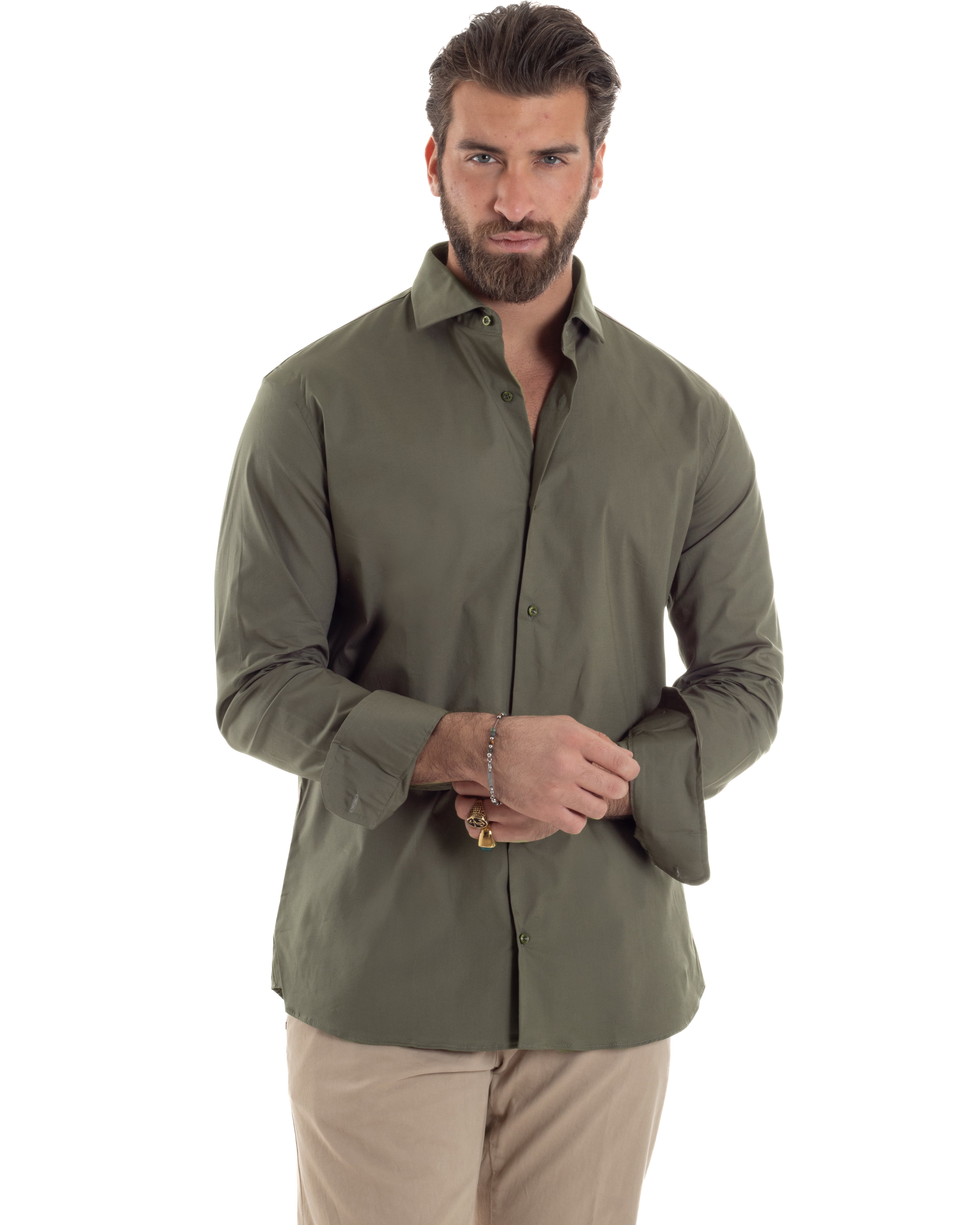 Camicia Uomo Con Colletto Francese Cotone Basic Sartoriale Slim Fit Verde Militare C2941A
