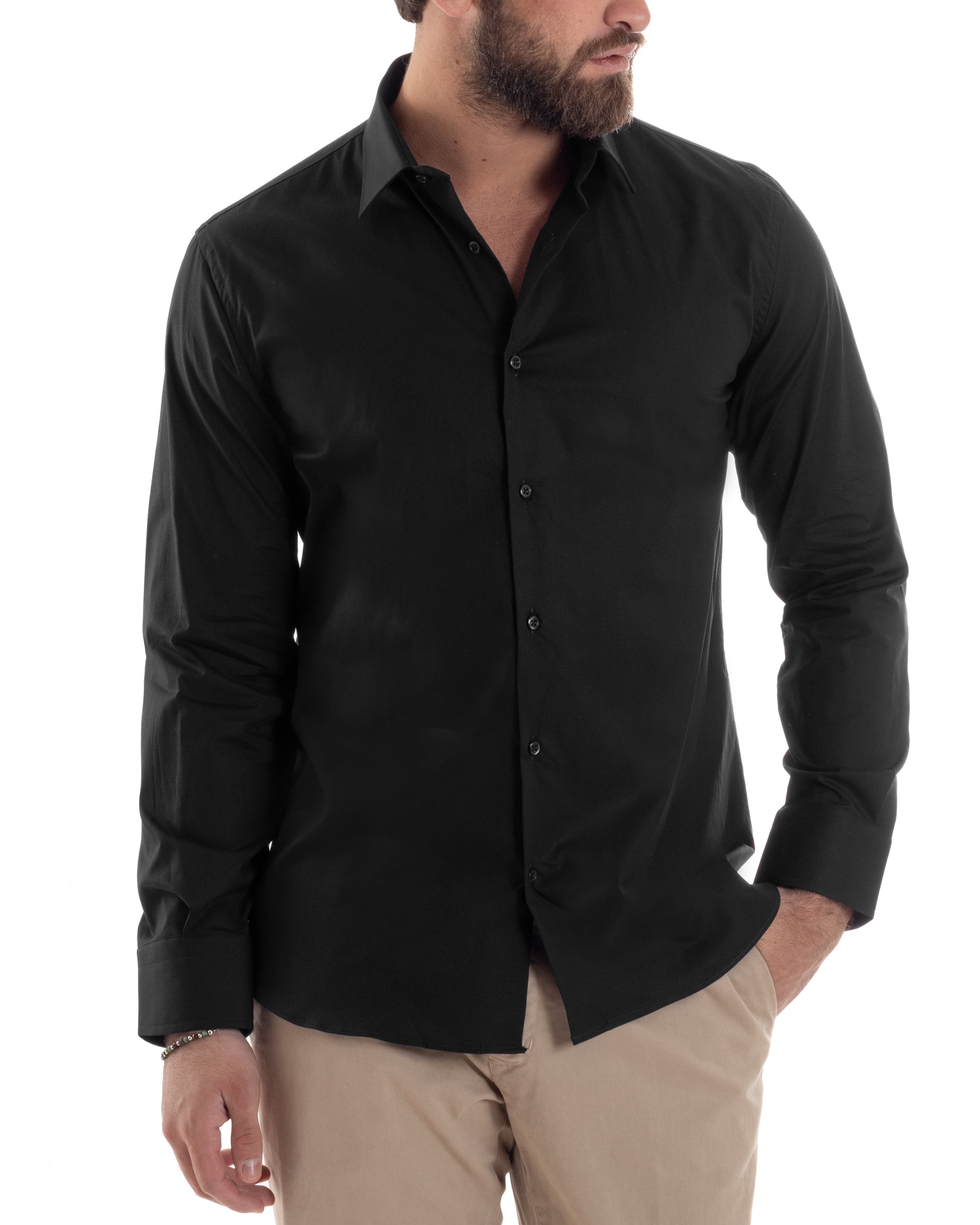 Camicia Uomo Con Colletto Francese Cotone Basic Sartoriale Slim Fit Tinta Unita Nero GIOSAL-C2942A