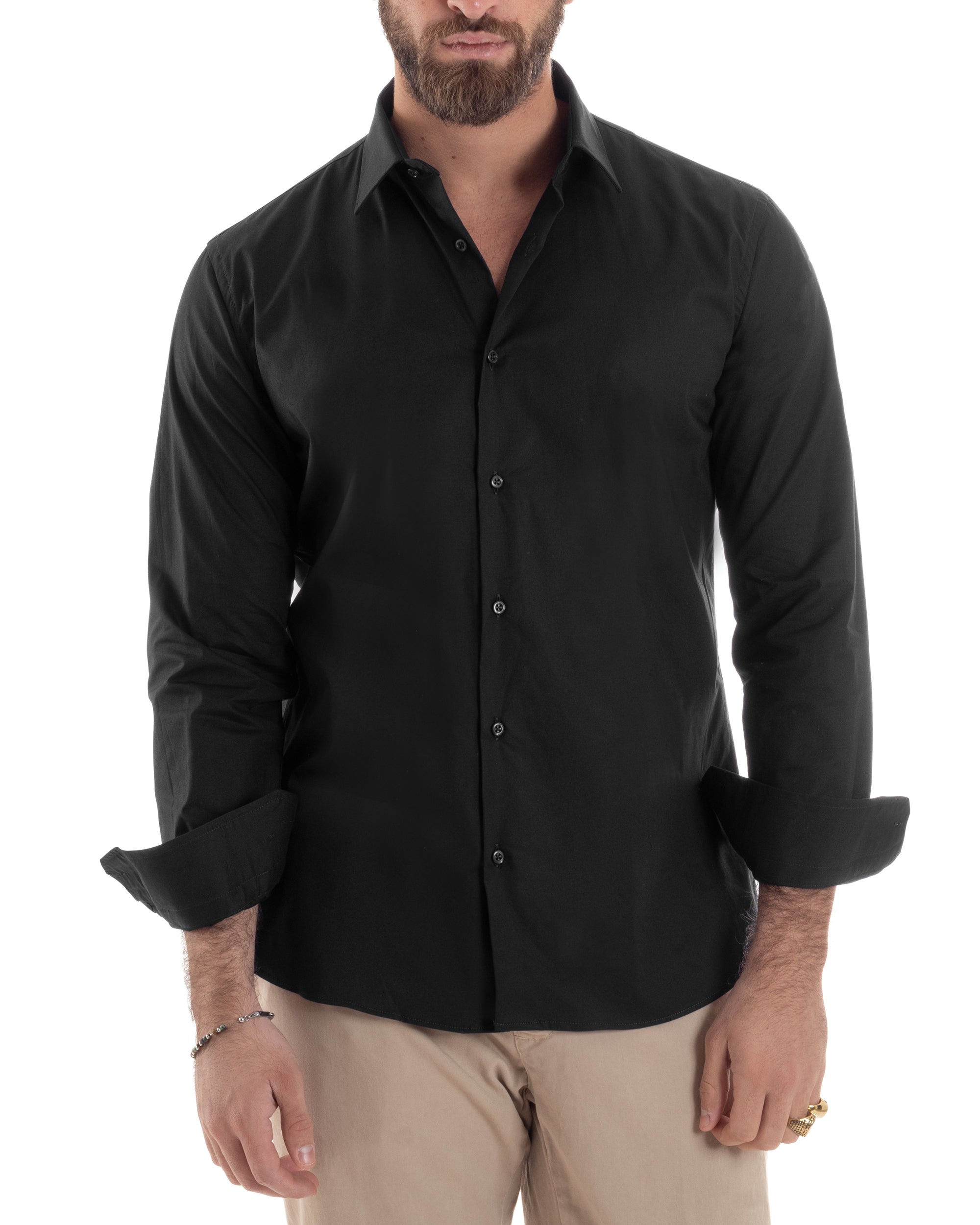 Camicia Uomo Con Colletto Francese Cotone Basic Sartoriale Slim Fit Tinta Unita Nero GIOSAL-C2942A
