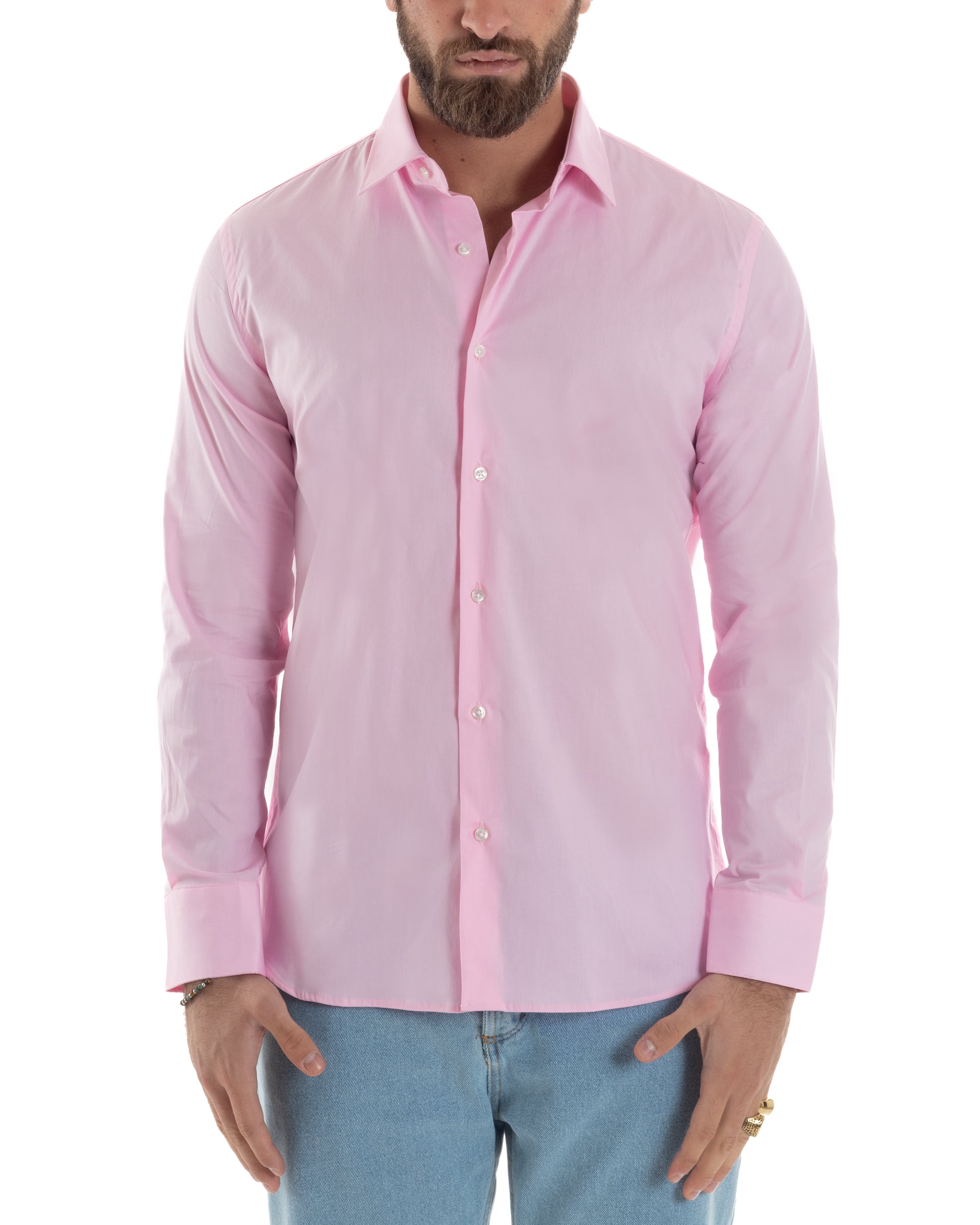 Camicia Uomo Con Colletto Francese Cotone Basic Sartoriale Slim Fit Tinta Unita Rosa GIOSAL-C2943A