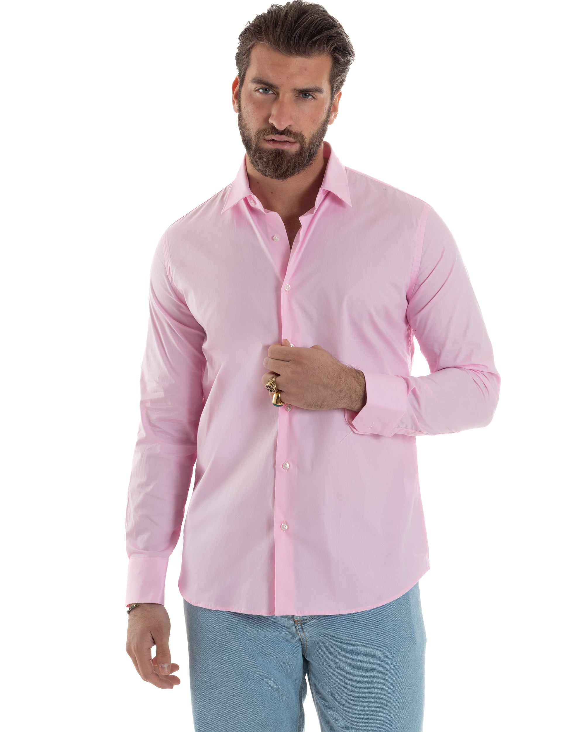 Camicia Uomo Con Colletto Francese Cotone Basic Sartoriale Slim Fit Tinta Unita Rosa GIOSAL-C2943A
