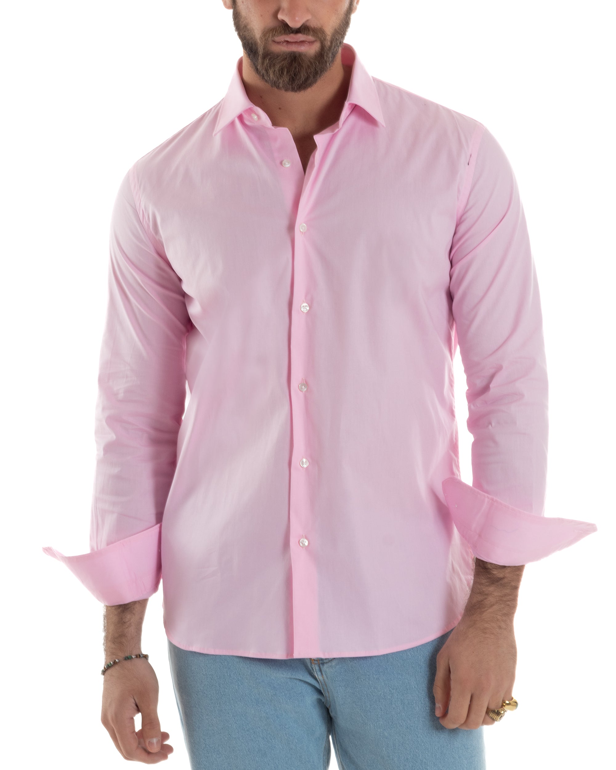 Camicia Uomo Con Colletto Francese Cotone Basic Sartoriale Slim Fit Tinta Unita Rosa GIOSAL-C2943A