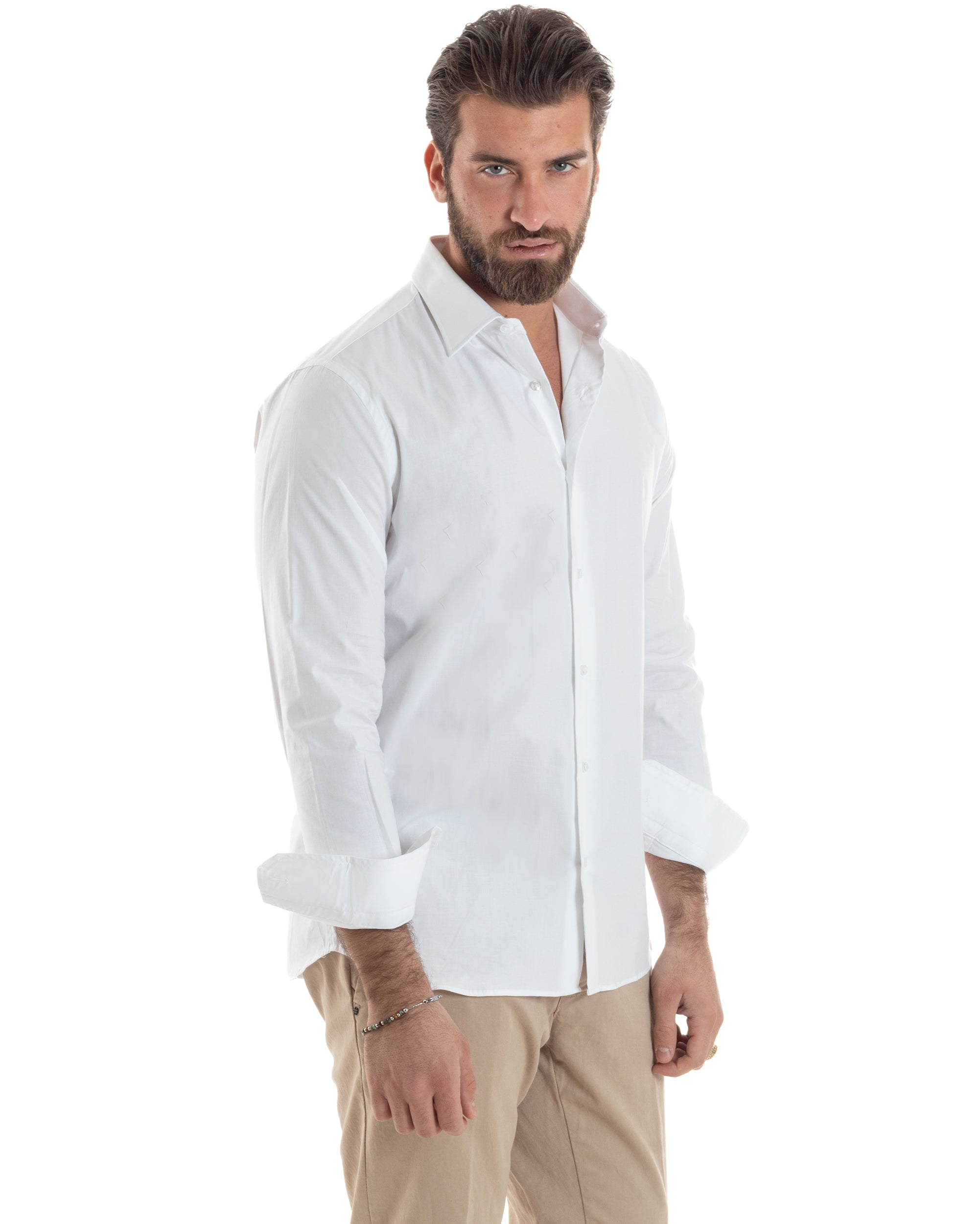 Camicia Uomo Con Colletto Francese Cotone Basic Sartoriale Slim Fit Tinta Unita Bianco GIOSAL-C2944A