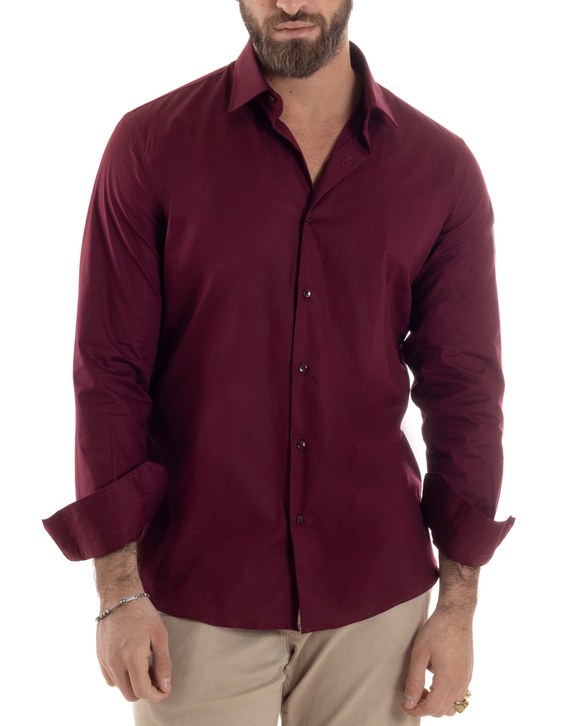 Camicia Uomo Con Colletto Francese Cotone Basic Sartoriale Slim Fit Tinta Unita Bordeaux GIOSAL-C2945A