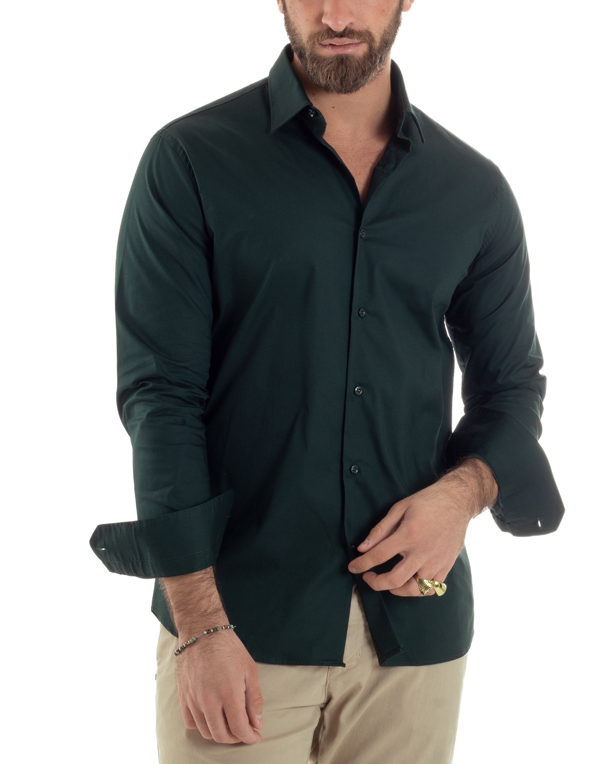 Camicia Uomo Con Colletto Francese Cotone Basic Sartoriale Slim Fit Tinta Unita Verde Bottiglia GIOSAL-C2946A