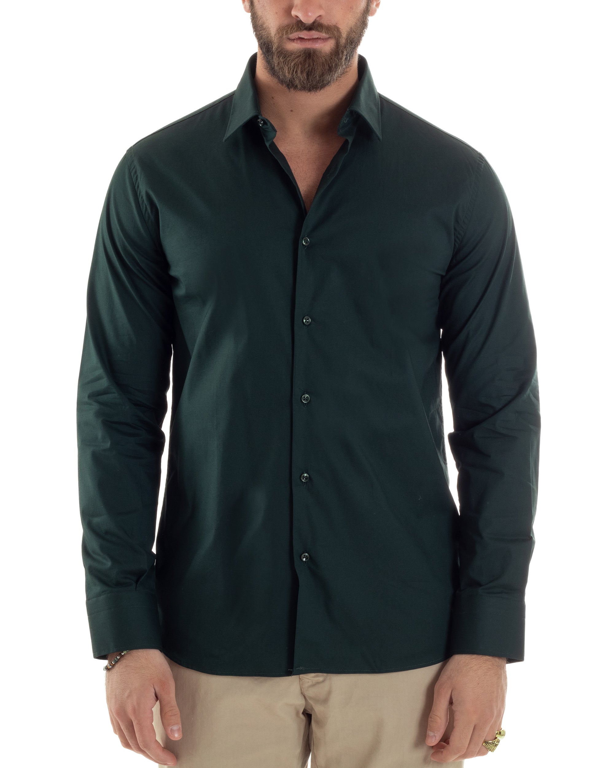 Camicia Uomo Con Colletto Francese Cotone Basic Sartoriale Slim Fit Tinta Unita Verde Bottiglia GIOSAL-C2946A