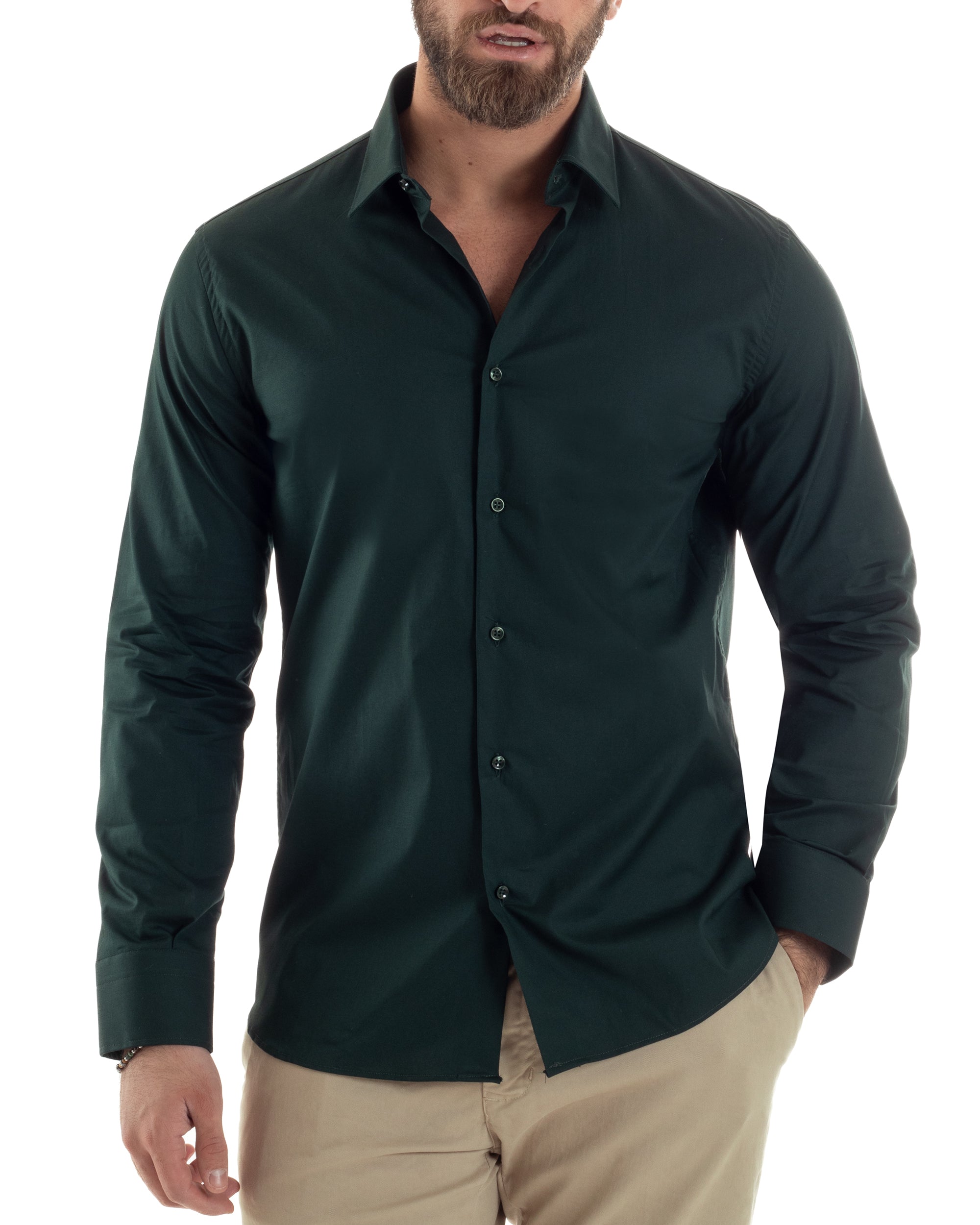Camicia Uomo Collo Coreano Cotone Basic Sartoriale Slim Fit Verde Mili Camicia Uomo Collo Coreano Cotone Basic Sartoriale Slim Fit Verde Mili