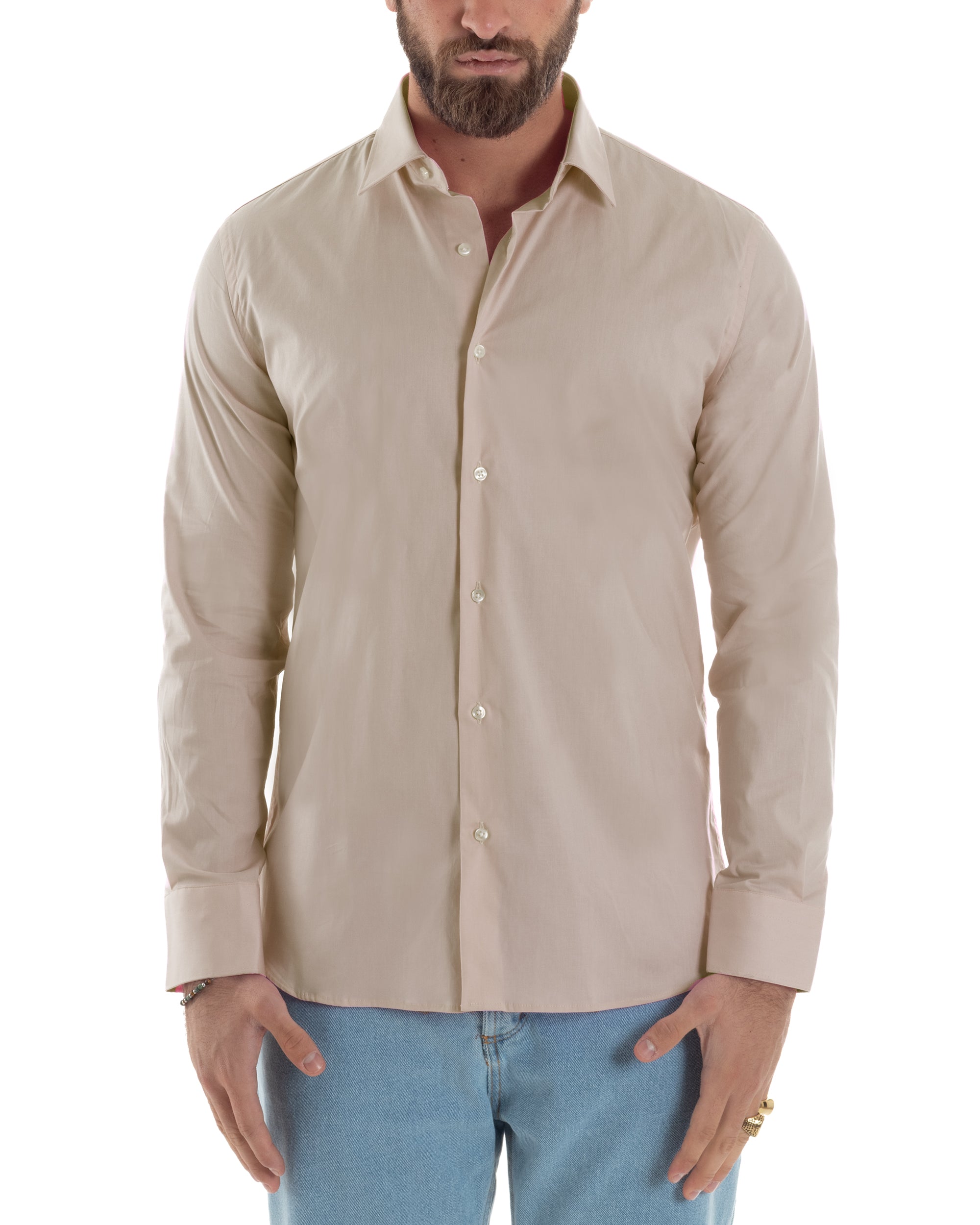 Camicia Uomo Con Colletto Francese Cotone Basic Sartoriale Slim Fit Tinta Unita Beige GIOSAL-C2947A