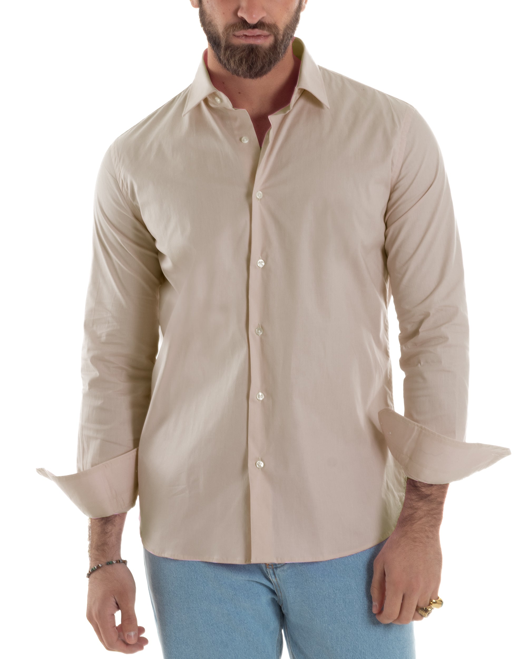 Camicia Uomo Con Colletto Francese Cotone Basic Sartoriale Slim Fit Tinta Unita Beige GIOSAL-C2947A