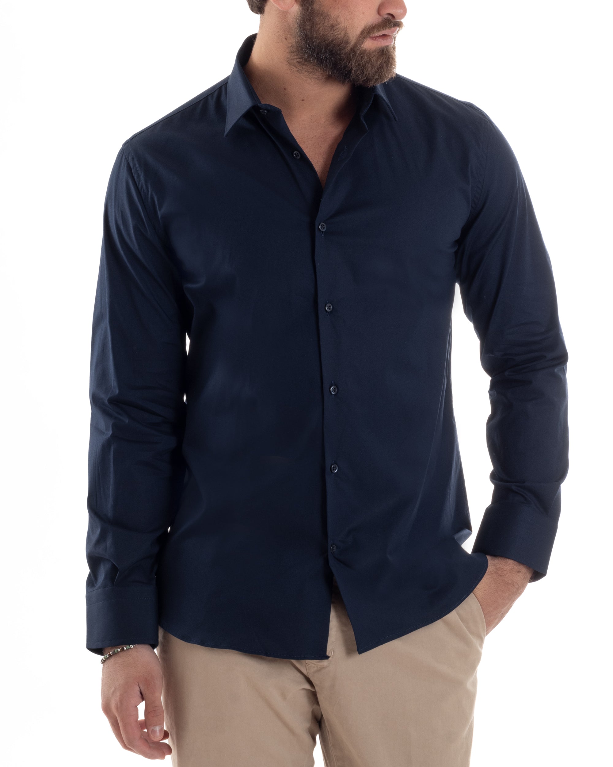 Camicia Uomo Con Colletto Francese Cotone Basic Sartoriale Slim Fit Tinta Unita Blu GIOSAL-C2948A
