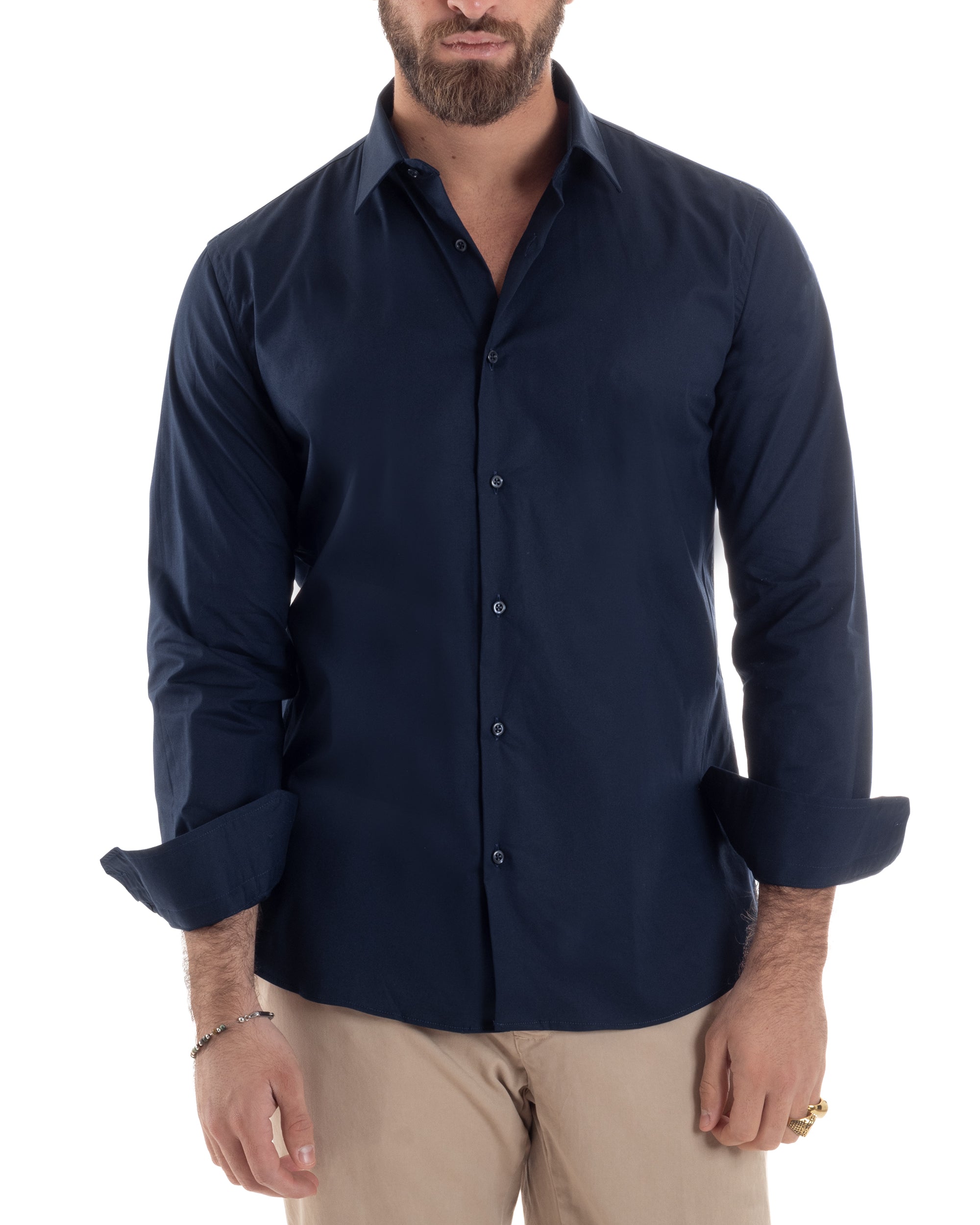 Camicia Uomo Con Colletto Francese Cotone Basic Sartoriale Slim Fit Tinta Unita Blu GIOSAL-C2948A