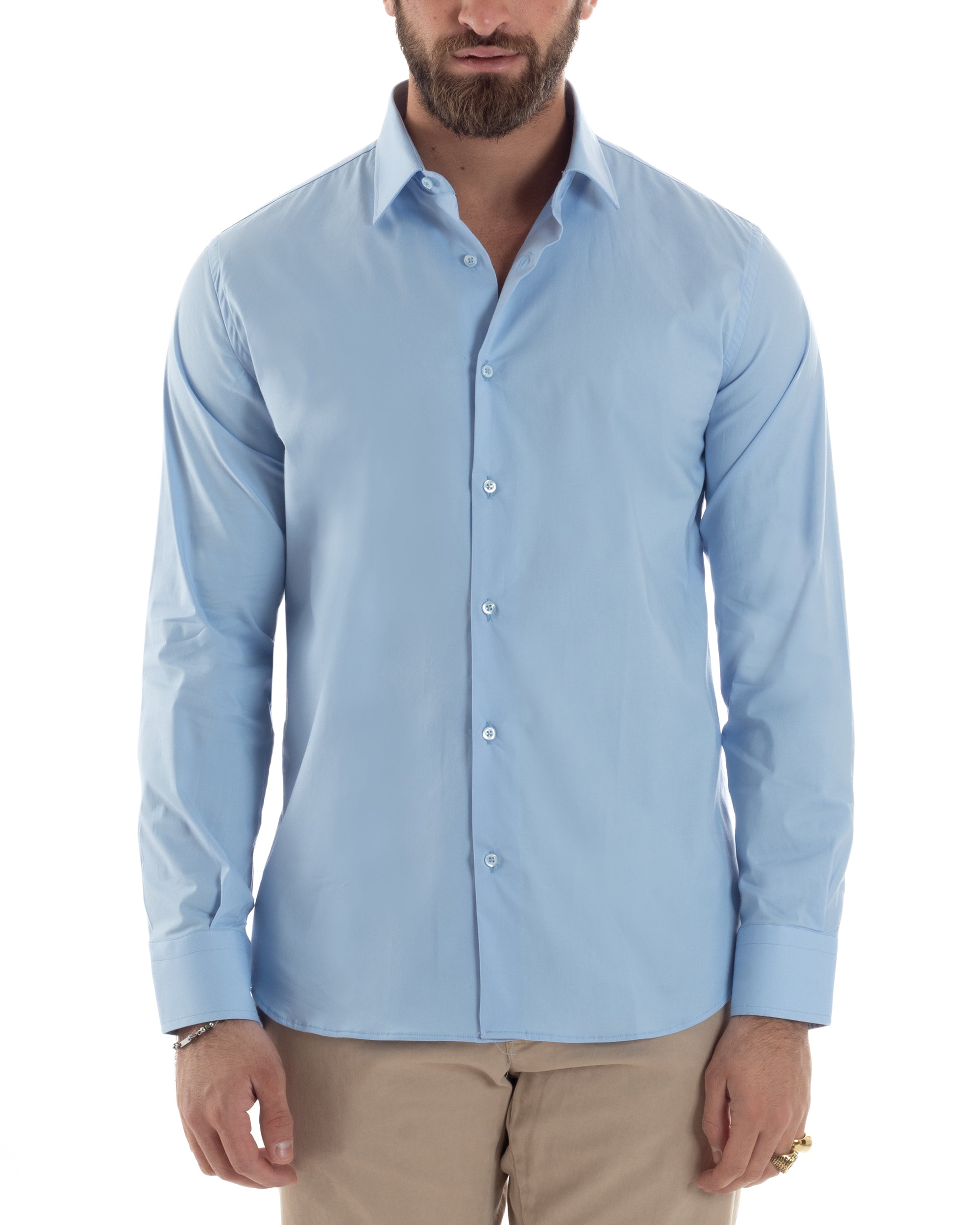 Camicia Uomo Con Colletto Francese Cotone Basic Sartoriale Slim Fit Tinta Unita Celeste GIOSAL-C2949A