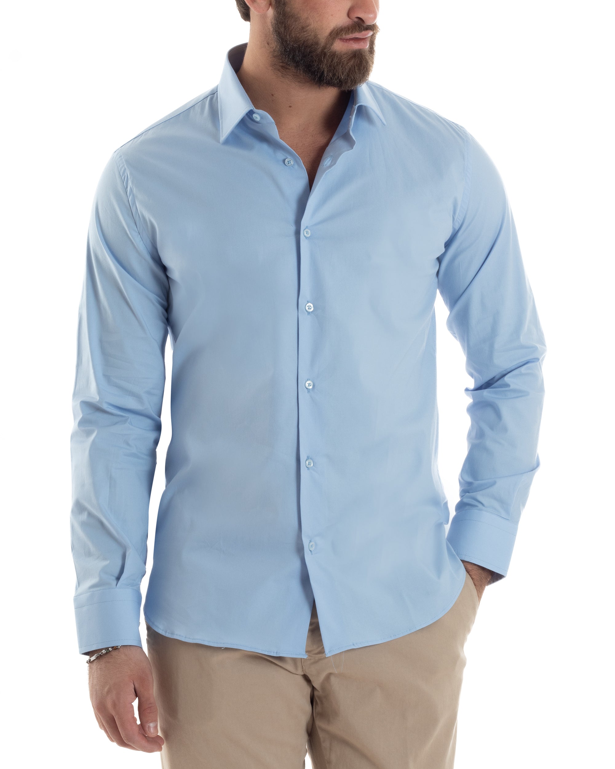 Camicia Uomo Con Colletto Francese Cotone Basic Sartoriale Slim Fit Tinta Unita Celeste GIOSAL-C2949A