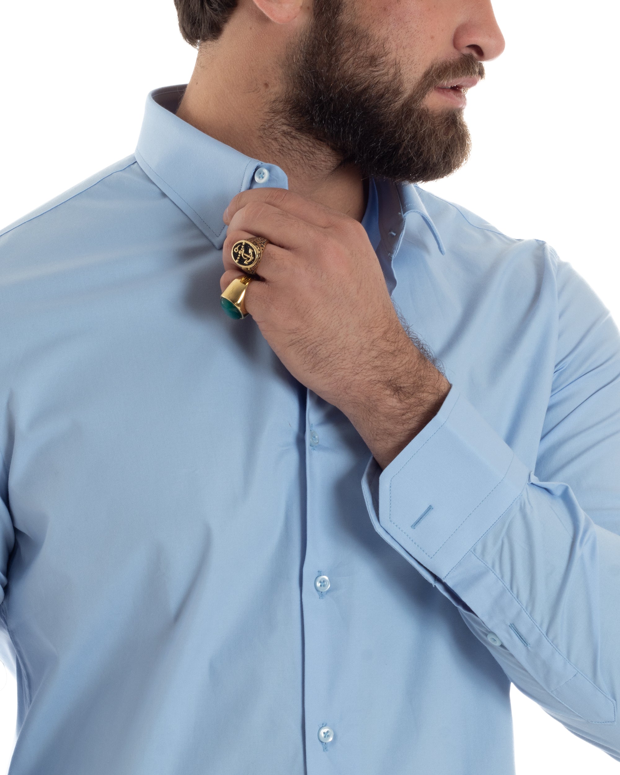 Camicia Uomo Con Colletto Francese Cotone Basic Sartoriale Slim Fit Tinta Unita Celeste GIOSAL-C2949A