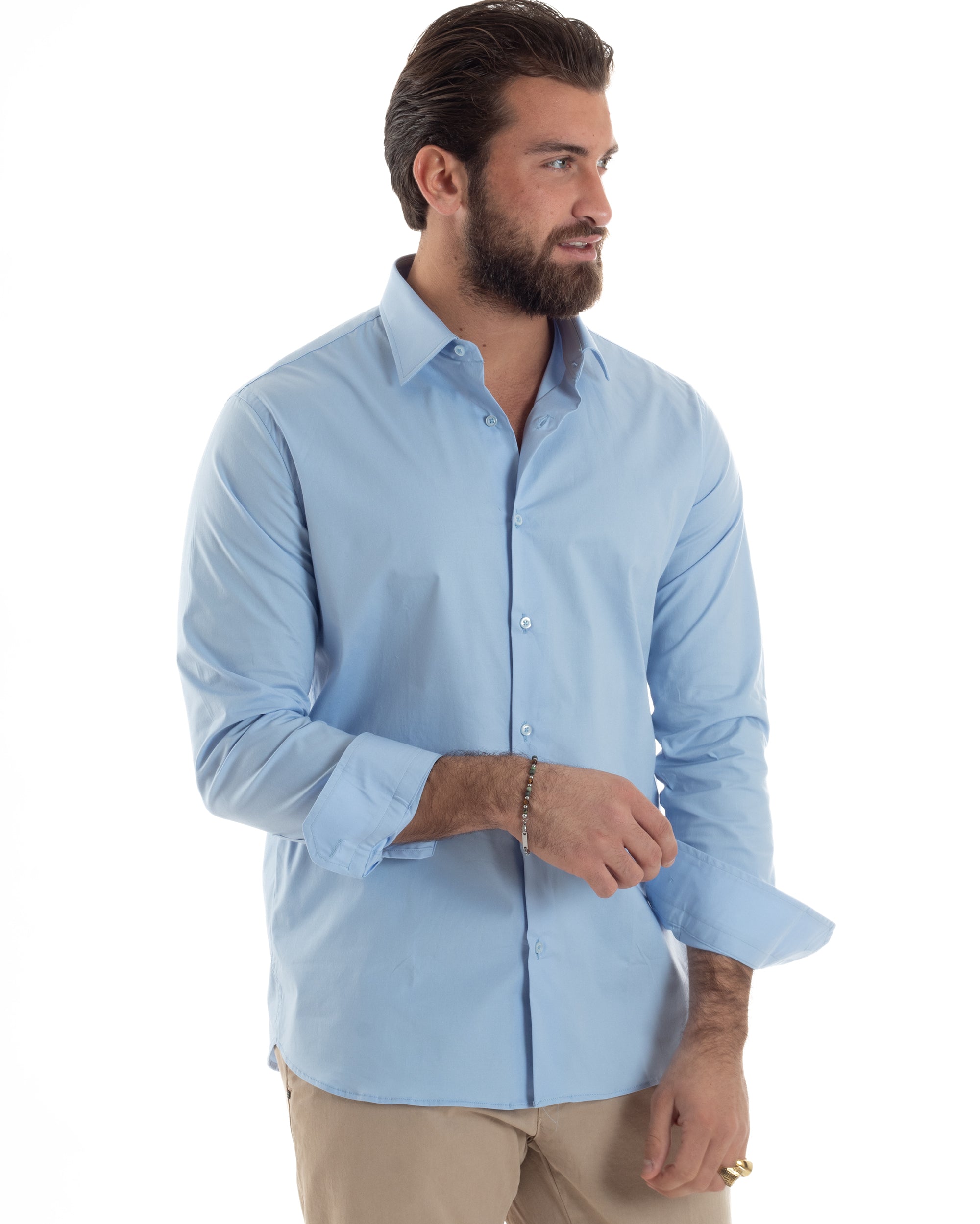Camicia Uomo Con Colletto Francese Cotone Basic Sartoriale Slim Fit Tinta Unita Celeste GIOSAL-C2949A
