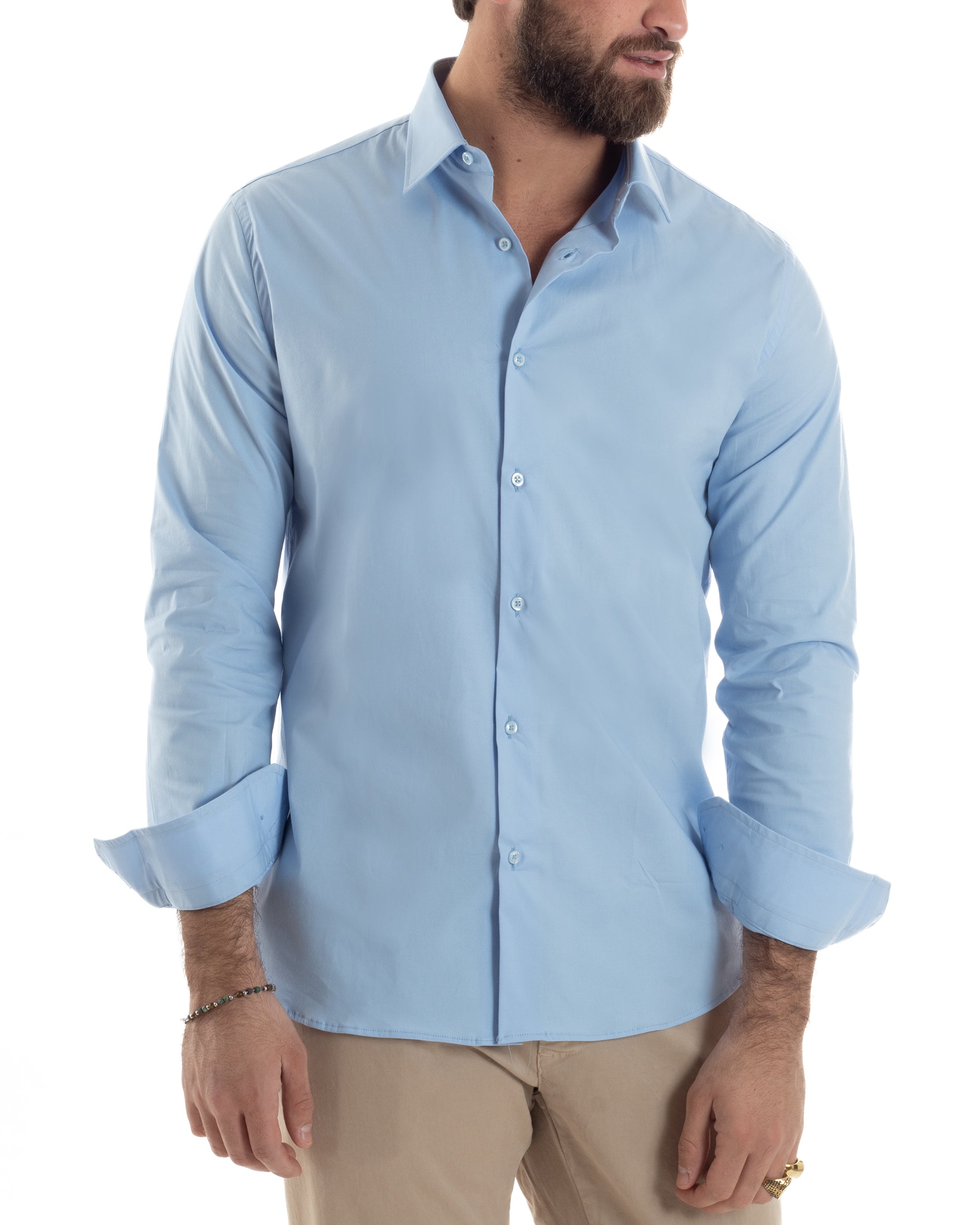 Camicia Uomo Con Colletto Francese Cotone Basic Sartoriale Slim Fit Tinta Unita Celeste GIOSAL-C2949A