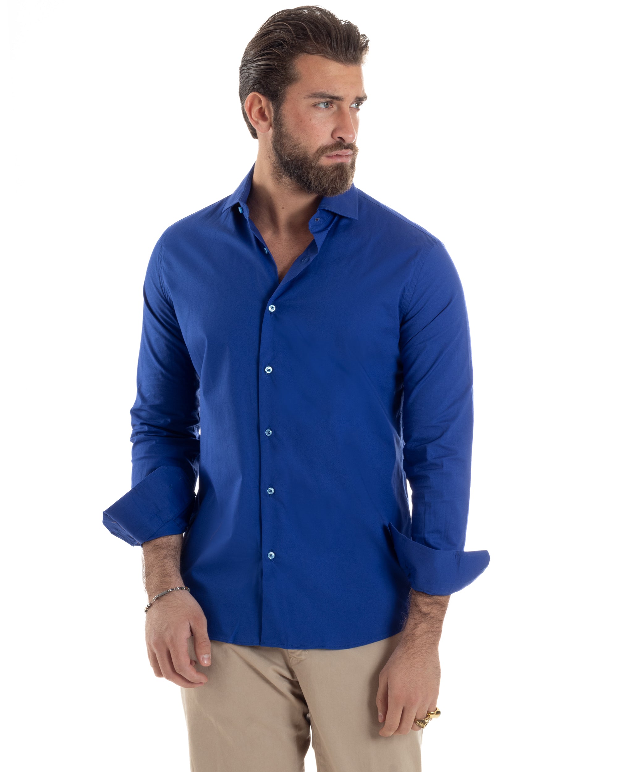 Camicia Uomo Con Colletto Francese Cotone Basic Sartoriale Slim Fit Tinta Unita Blu Royal GIOSAL-C2950A