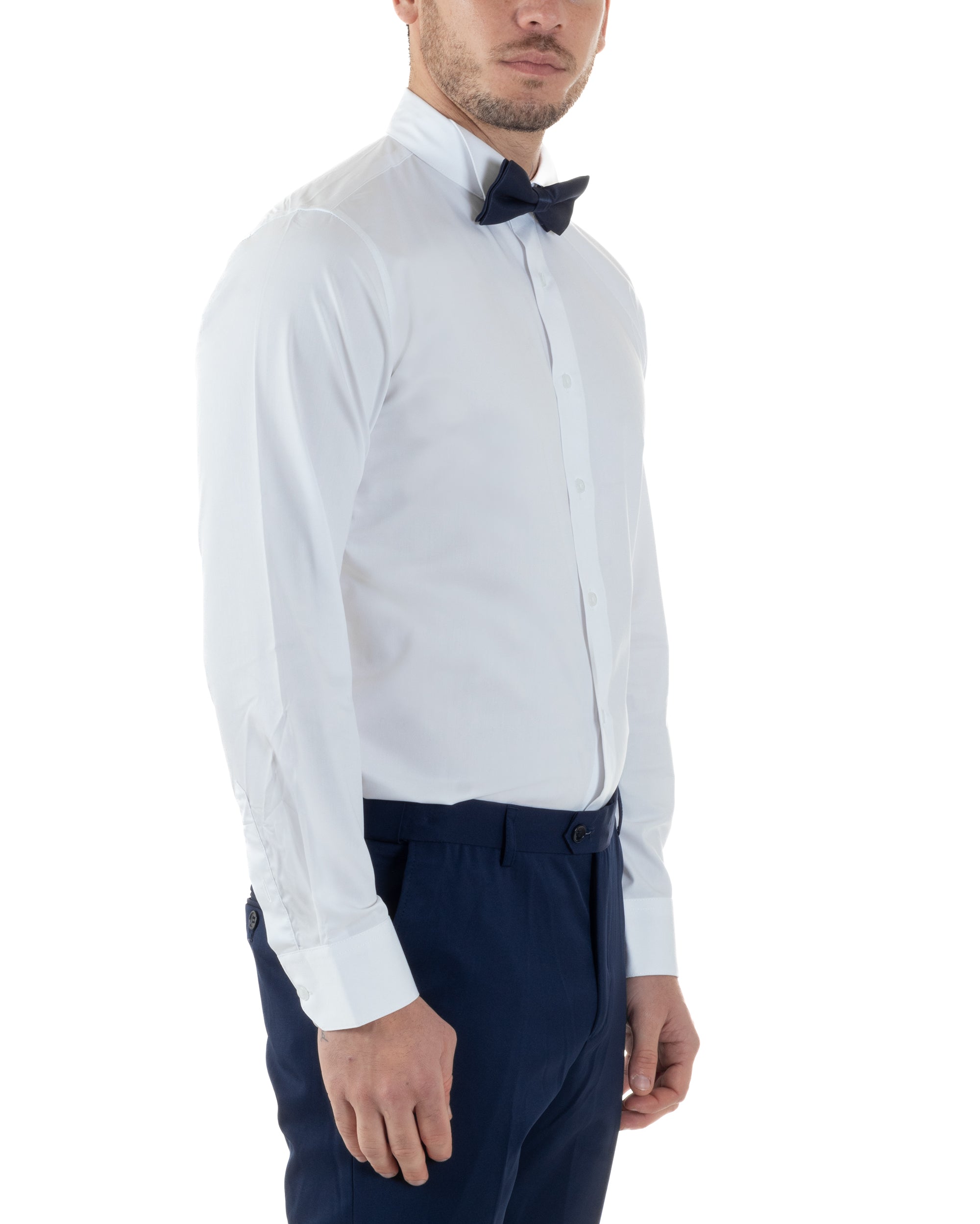Camicia Uomo Da Smoking Collo Diplomatico Slim Fit Basic Casual Elegante Cerimonia Tinta Unita Bianco GIOSAL-C2951A