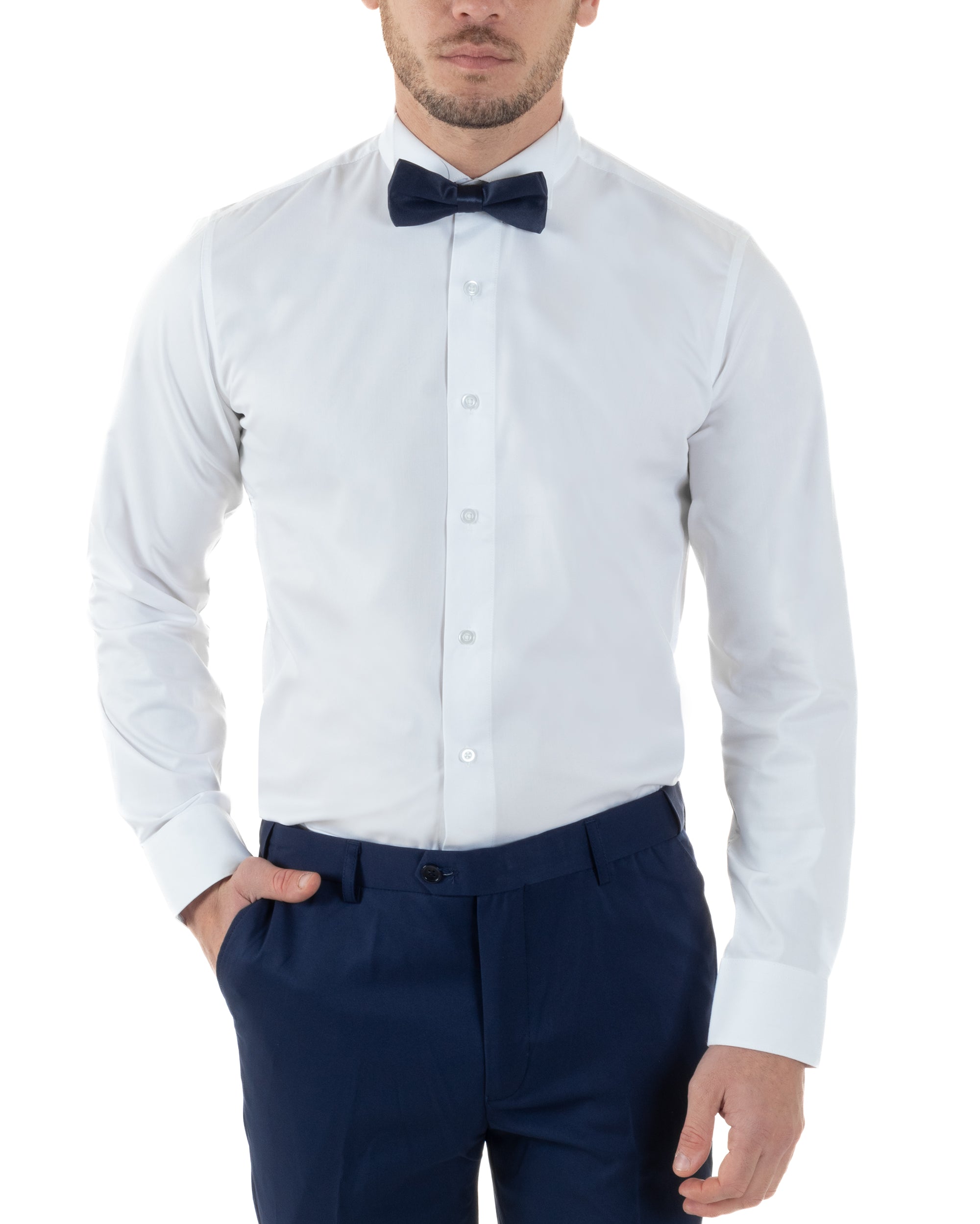 Camicia Uomo Da Smoking Collo Diplomatico Slim Fit Basic Casual Elegante Cerimonia Tinta Unita Bianco GIOSAL-C2951A