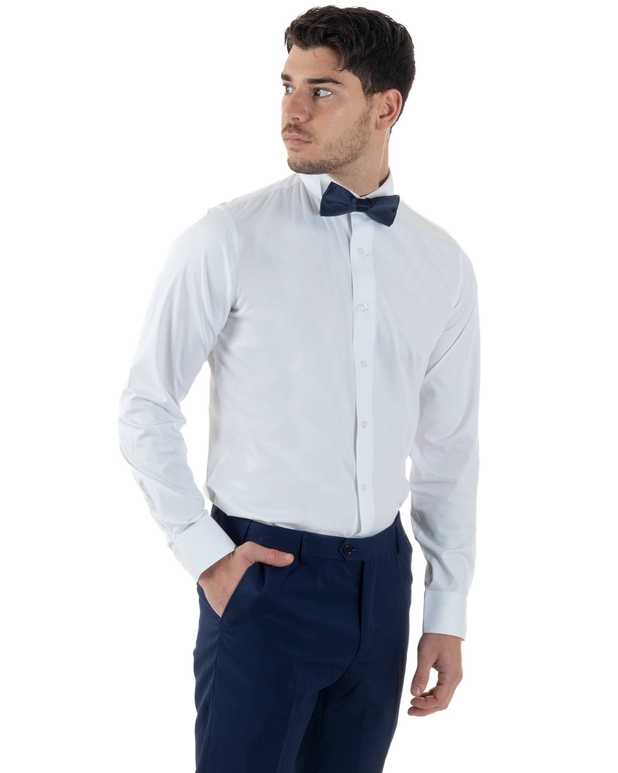 Camicia Uomo Da Smoking Collo Diplomatico Slim Fit Basic Casual Elegante Cerimonia Tinta Unita Bianco GIOSAL-C2951A