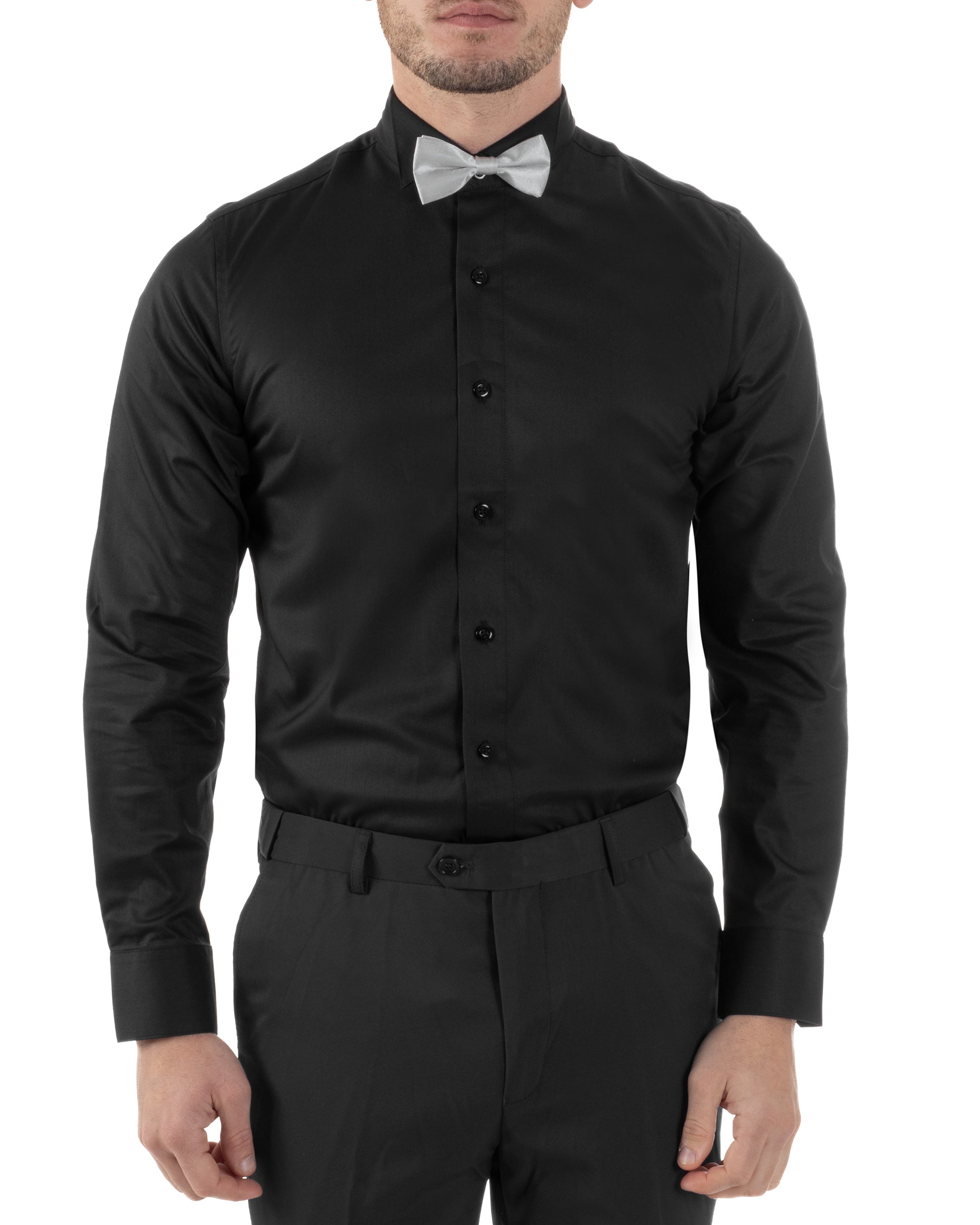 Camicia Uomo Da Smoking Collo Diplomatico Slim Fit Basic Casual Elegante Cerimonia Tinta Unita Nero GIOSAL-C2952A