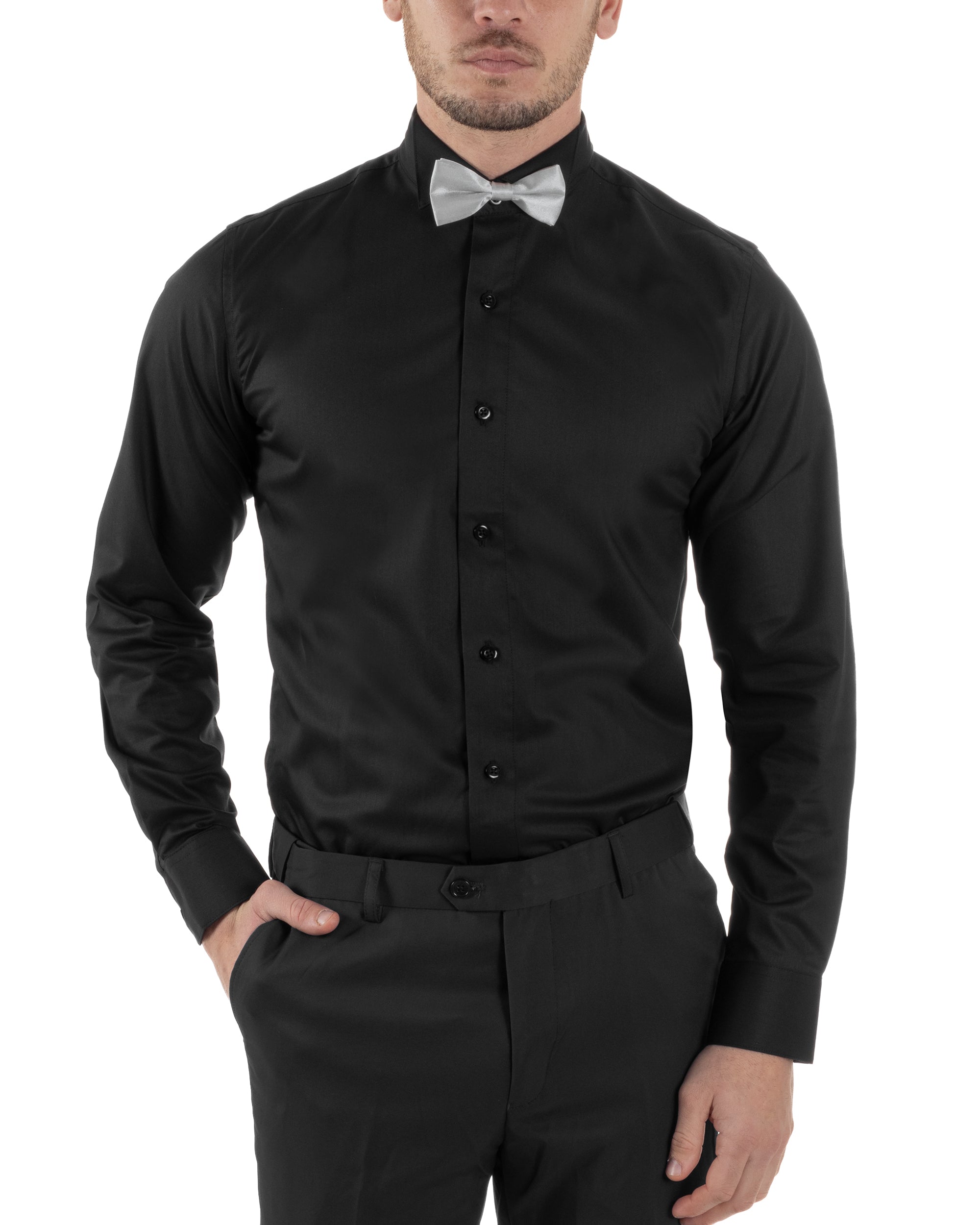 Camicia Uomo Da Smoking Collo Diplomatico Slim Fit Basic Casual Elegante Cerimonia Tinta Unita Nero GIOSAL-C2952A