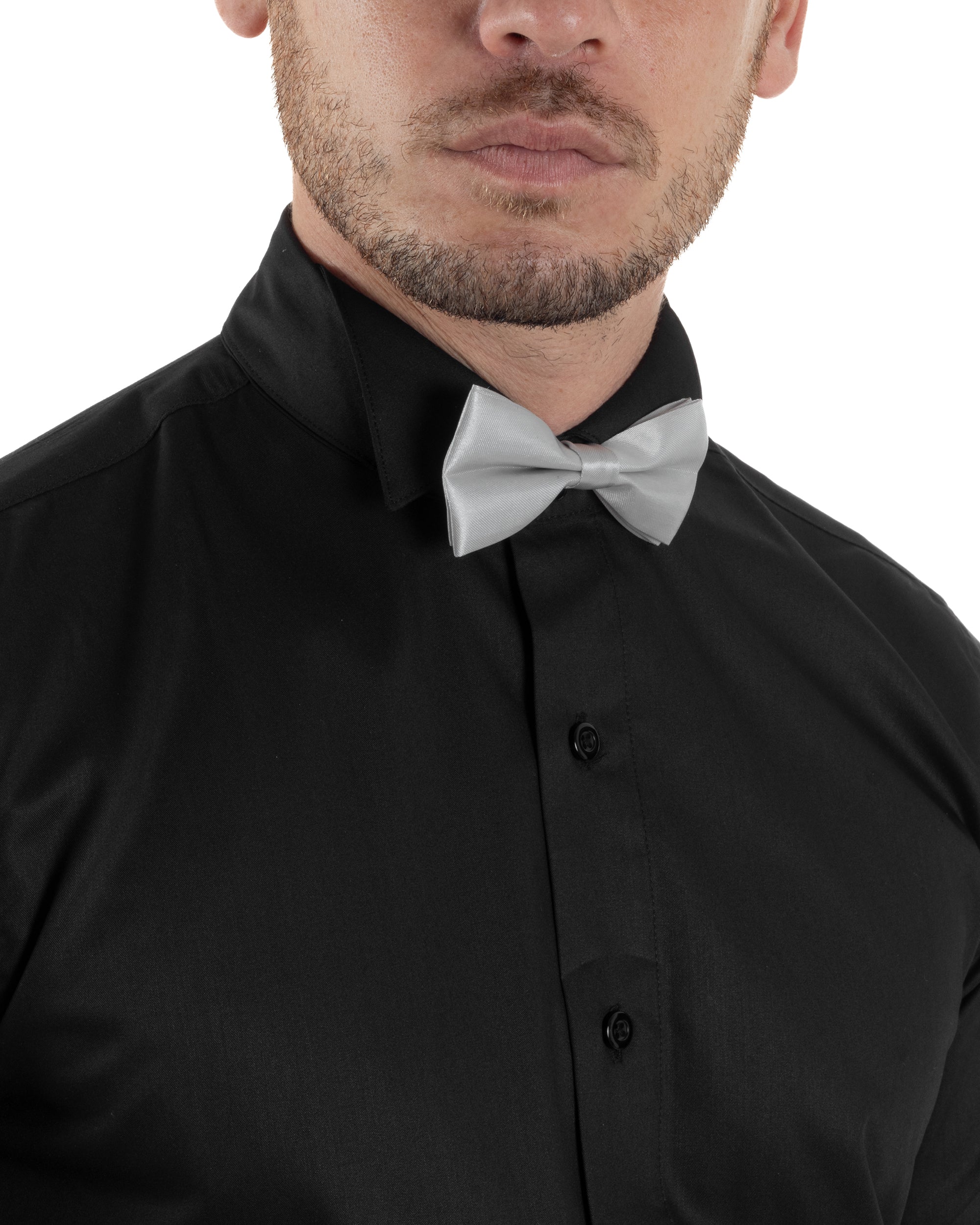 Camicia Uomo Da Smoking Collo Diplomatico Slim Fit Basic Casual Elegante Cerimonia Tinta Unita Nero GIOSAL-C2952A