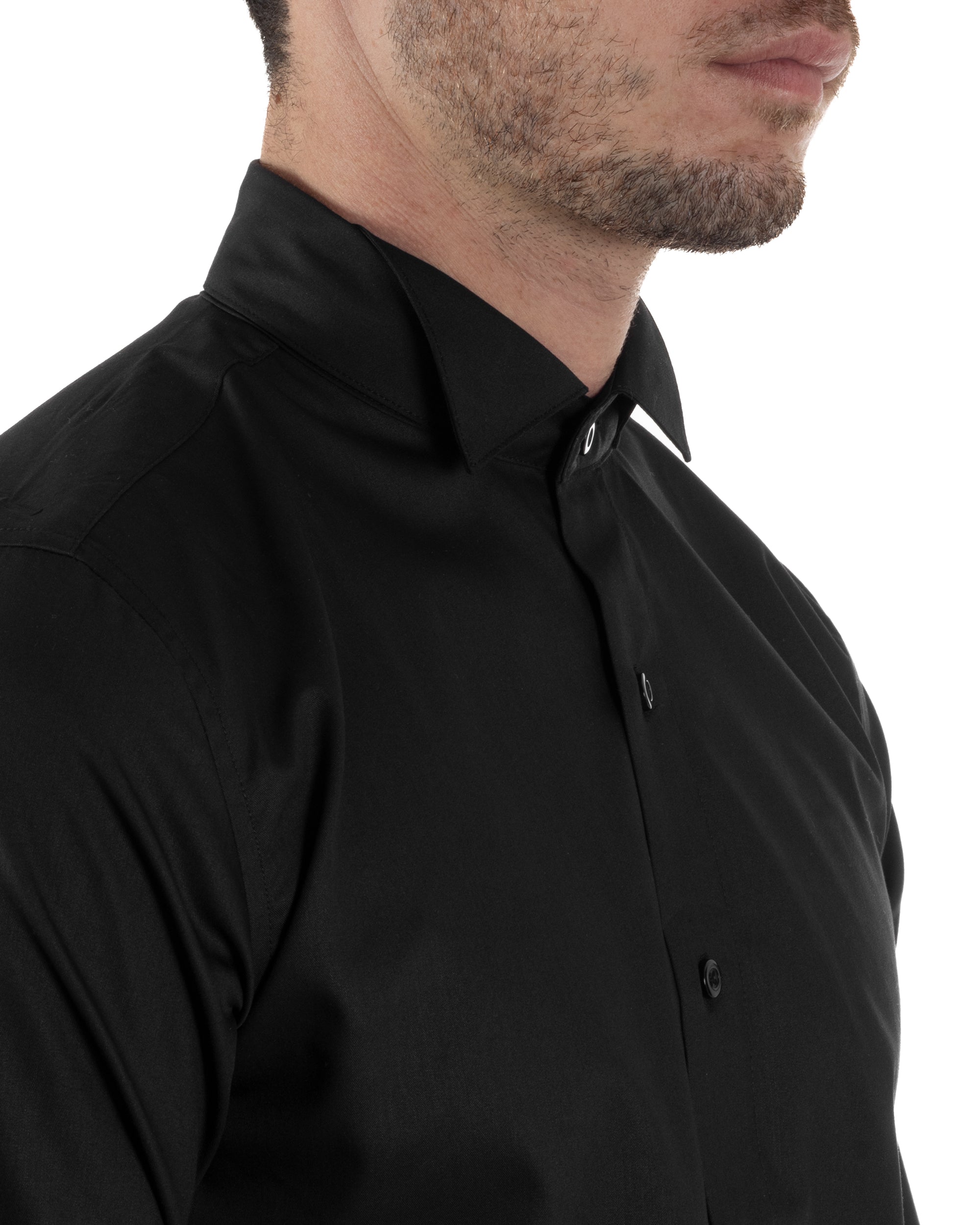 Camicia Uomo Da Smoking Collo Diplomatico Slim Fit Basic Casual Elegante Cerimonia Tinta Unita Nero GIOSAL-C2952A