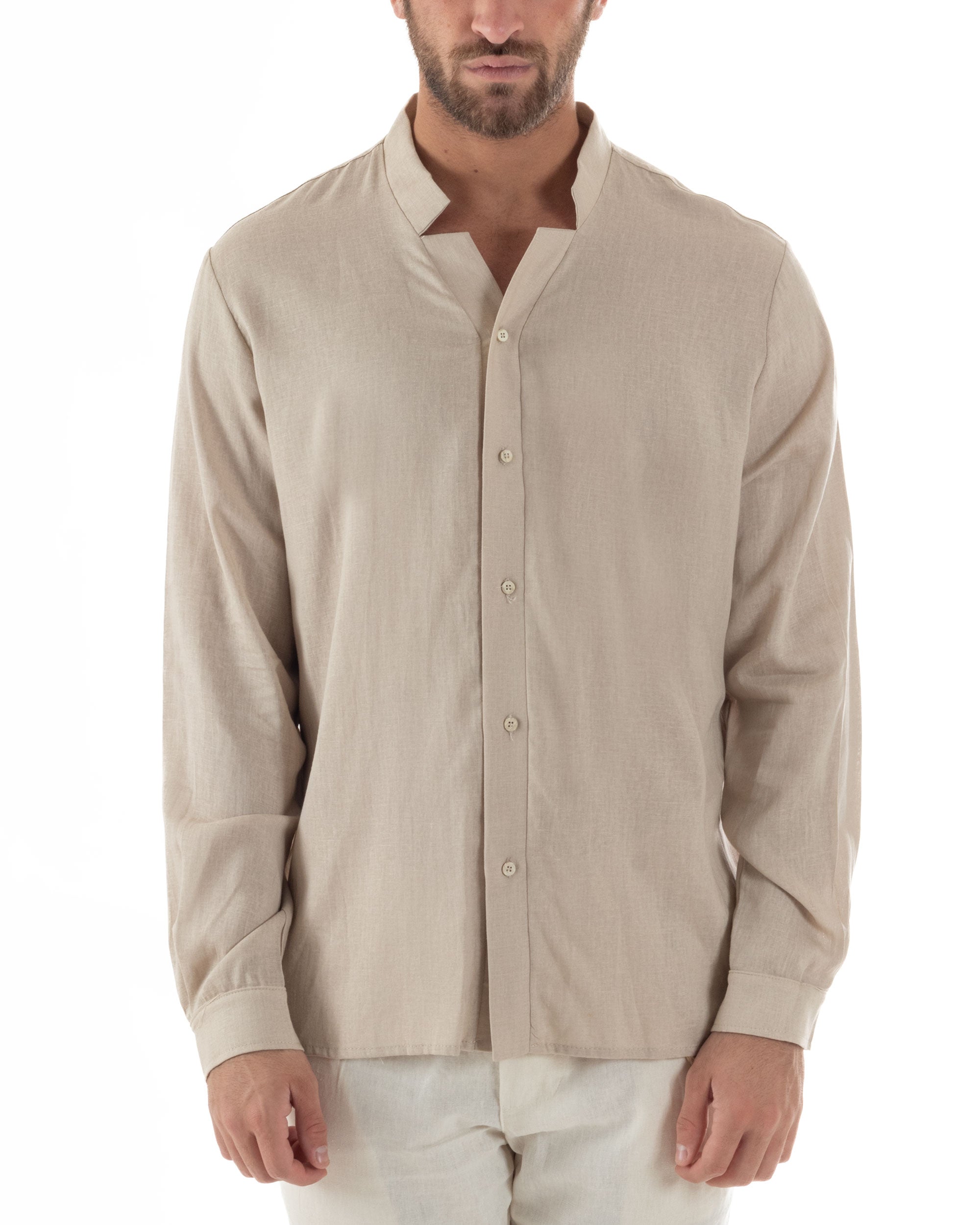 Camicia Uomo In Lino Collo Coreano Scollo V Morbida Leggera Tinta Unita Basic Beige GIOSAL-C2953A