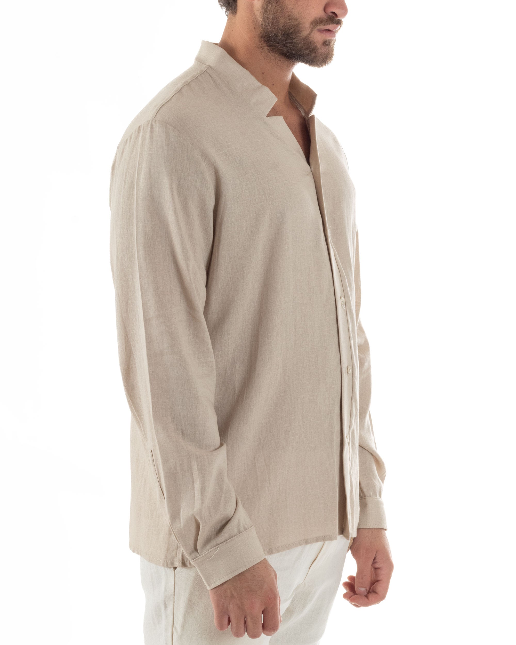 Camicia Uomo In Lino Collo Coreano Scollo V Morbida Leggera Tinta Unita Basic Beige GIOSAL-C2953A