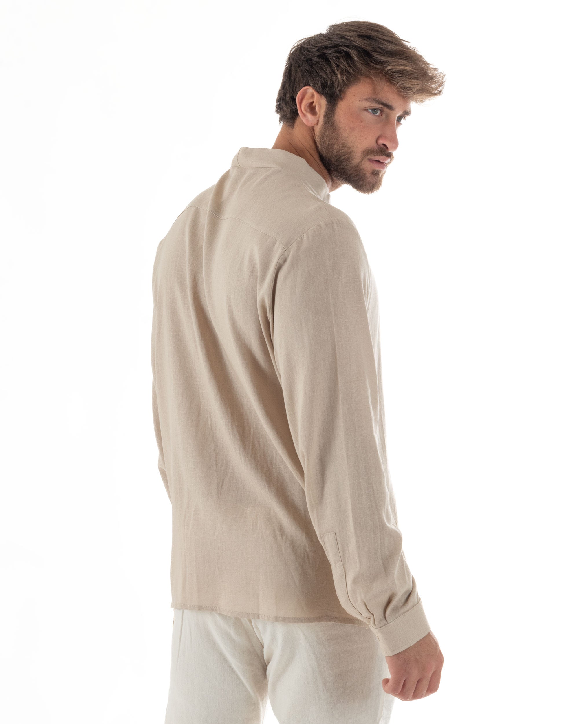 Camicia Uomo In Lino Collo Coreano Scollo V Morbida Leggera Tinta Unita Basic Beige GIOSAL-C2953A