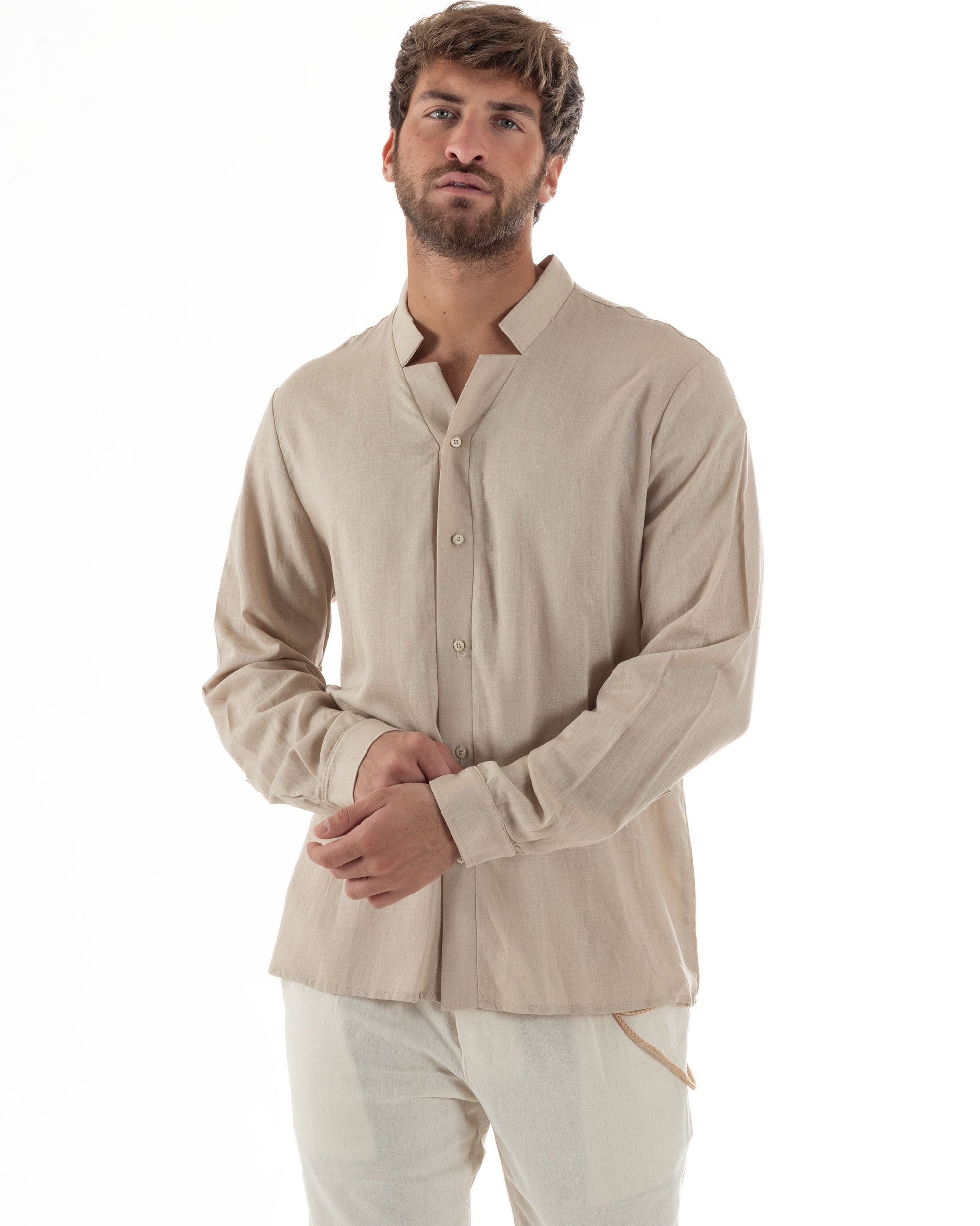 Camicia Uomo In Lino Collo Coreano Scollo V Morbida Leggera Tinta Unita Basic Beige GIOSAL-C2953A