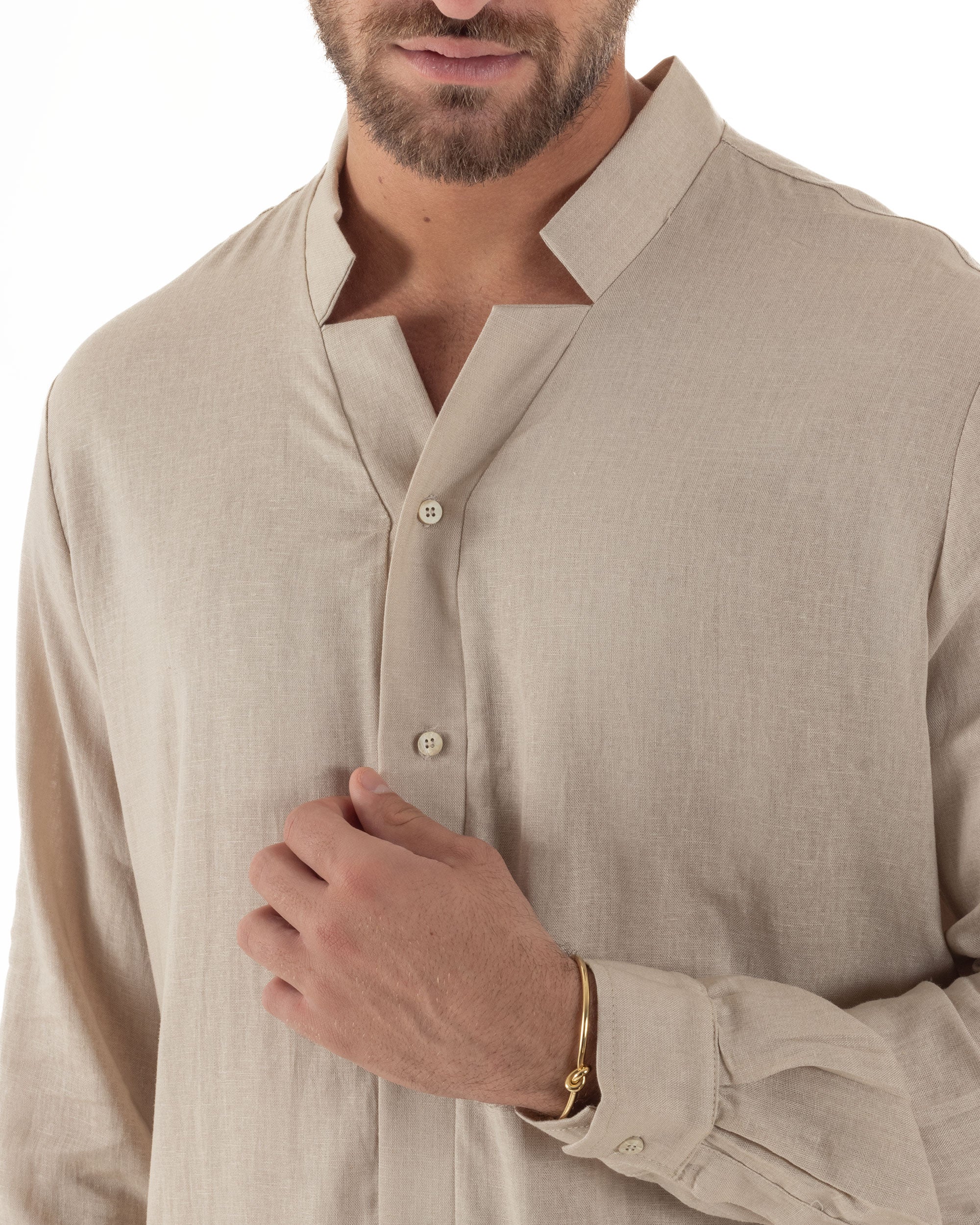 Camicia Uomo In Lino Collo Coreano Scollo V Morbida Leggera Tinta Unita Basic Beige GIOSAL-C2953A
