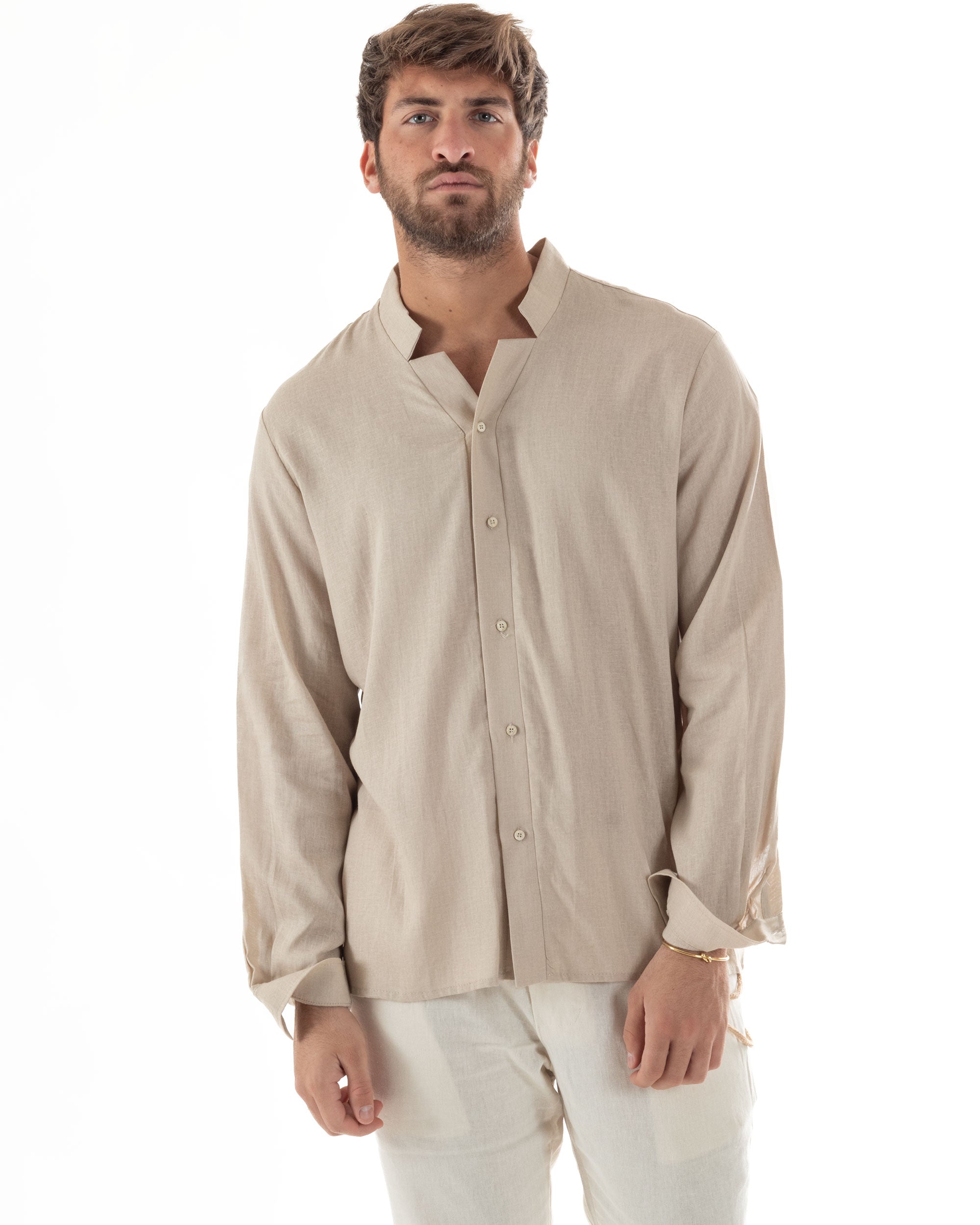 Camicia Uomo In Lino Collo Coreano Scollo V Morbida Leggera Tinta Unita Basic Beige GIOSAL-C2953A