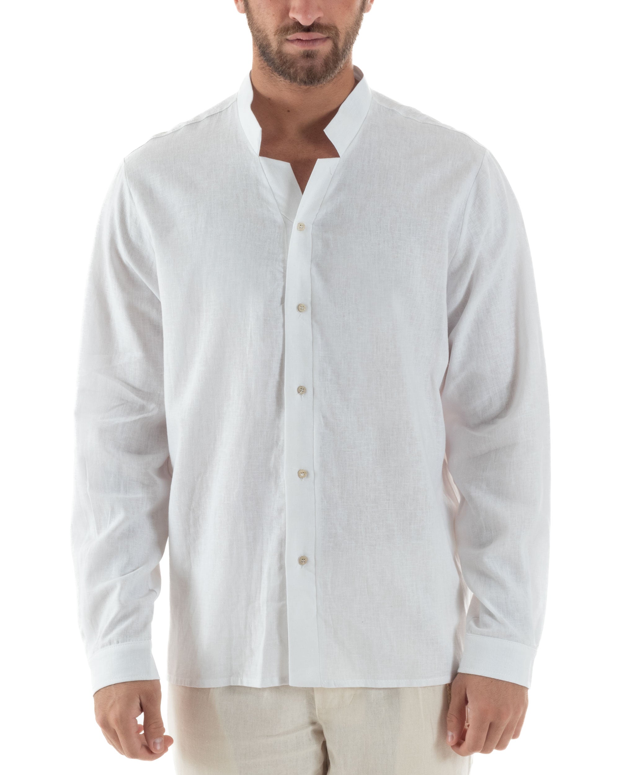 Camicia Uomo In Lino Collo Coreano Scollo V Morbida Leggera Tinta Unita Basic Bianco GIOSAL-C2954A