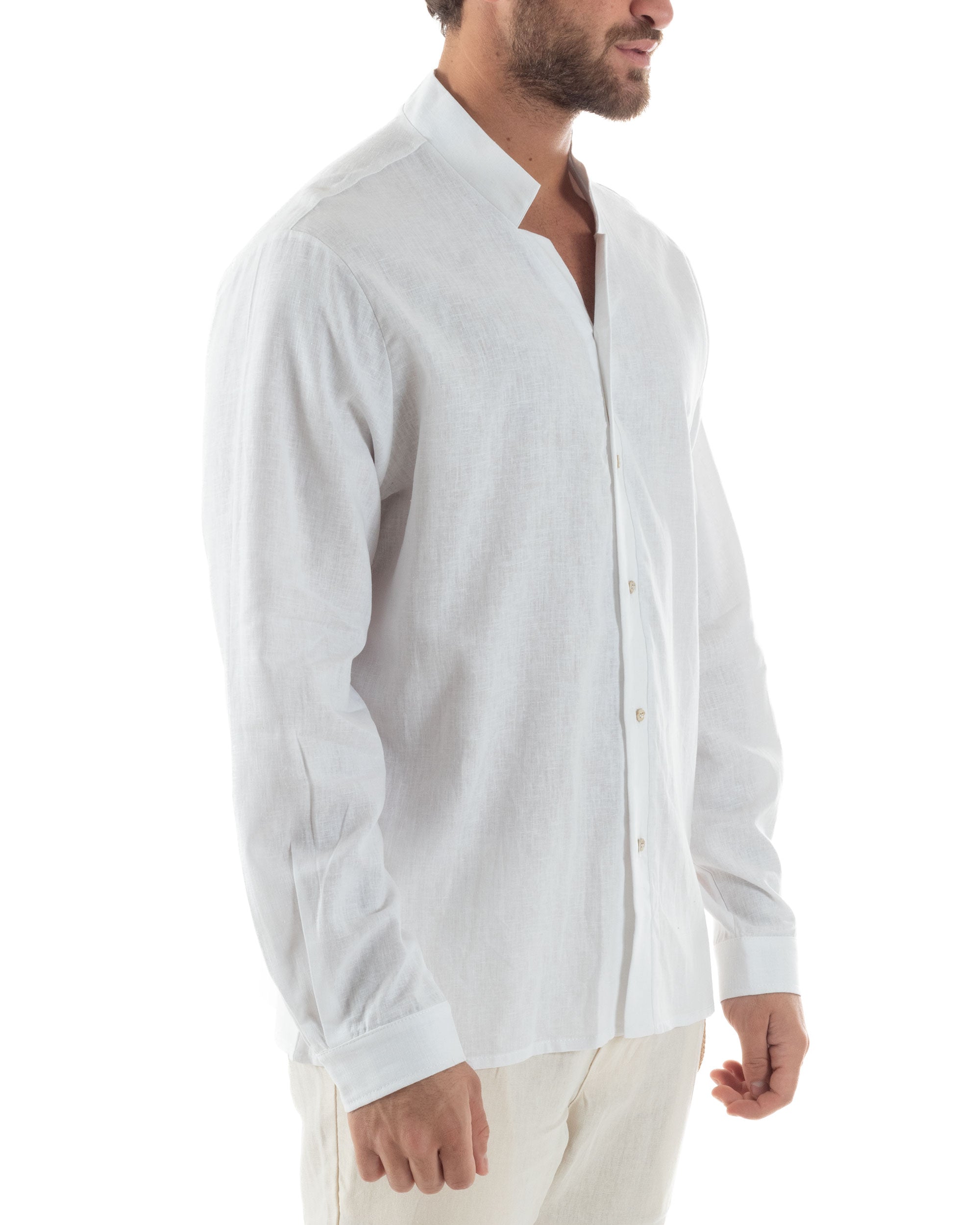 Camicia Uomo In Lino Collo Coreano Scollo V Morbida Leggera Tinta Unita Basic Bianco GIOSAL-C2954A