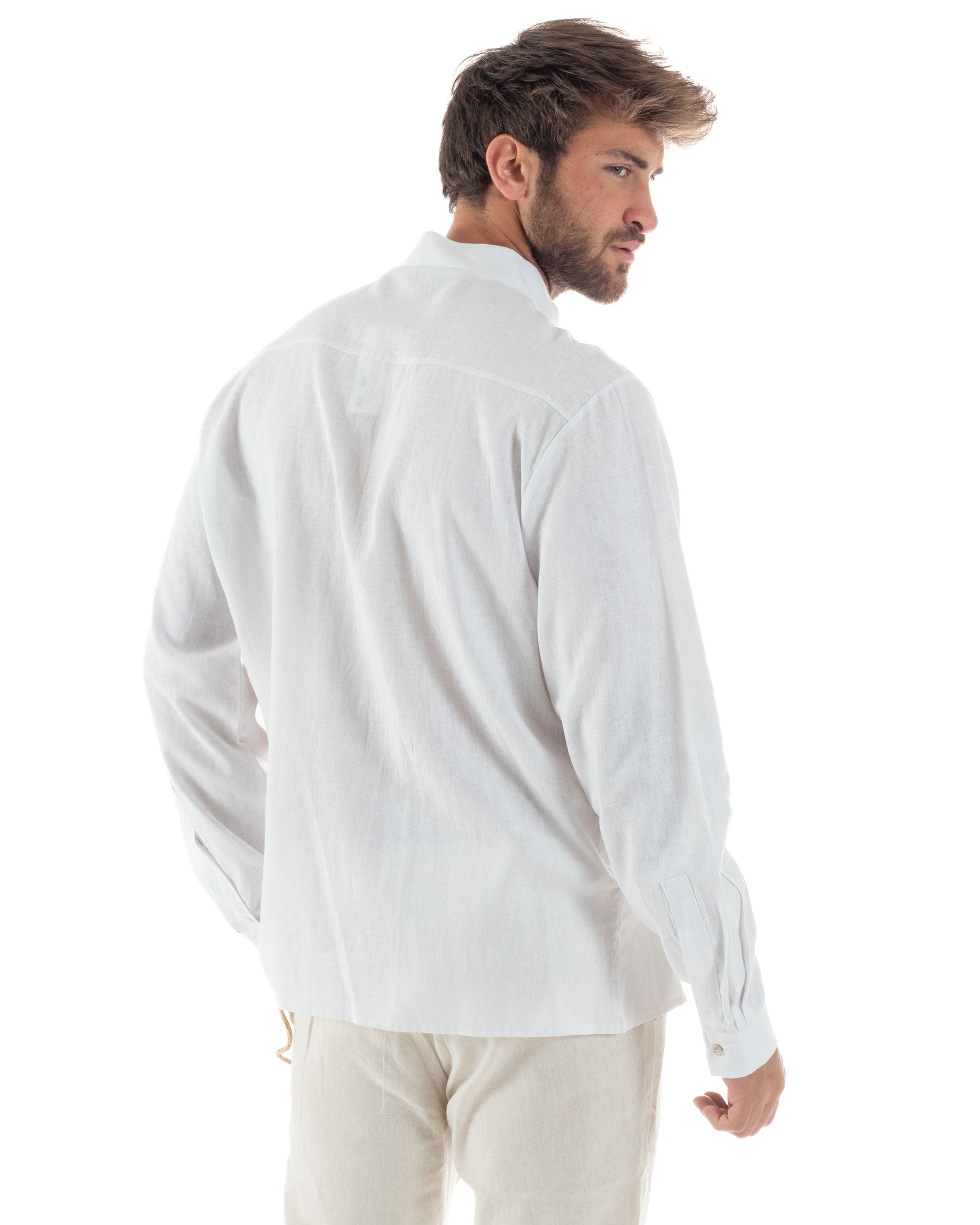 Camicia Uomo In Lino Collo Coreano Scollo V Morbida Leggera Tinta Unita Basic Bianco GIOSAL-C2954A