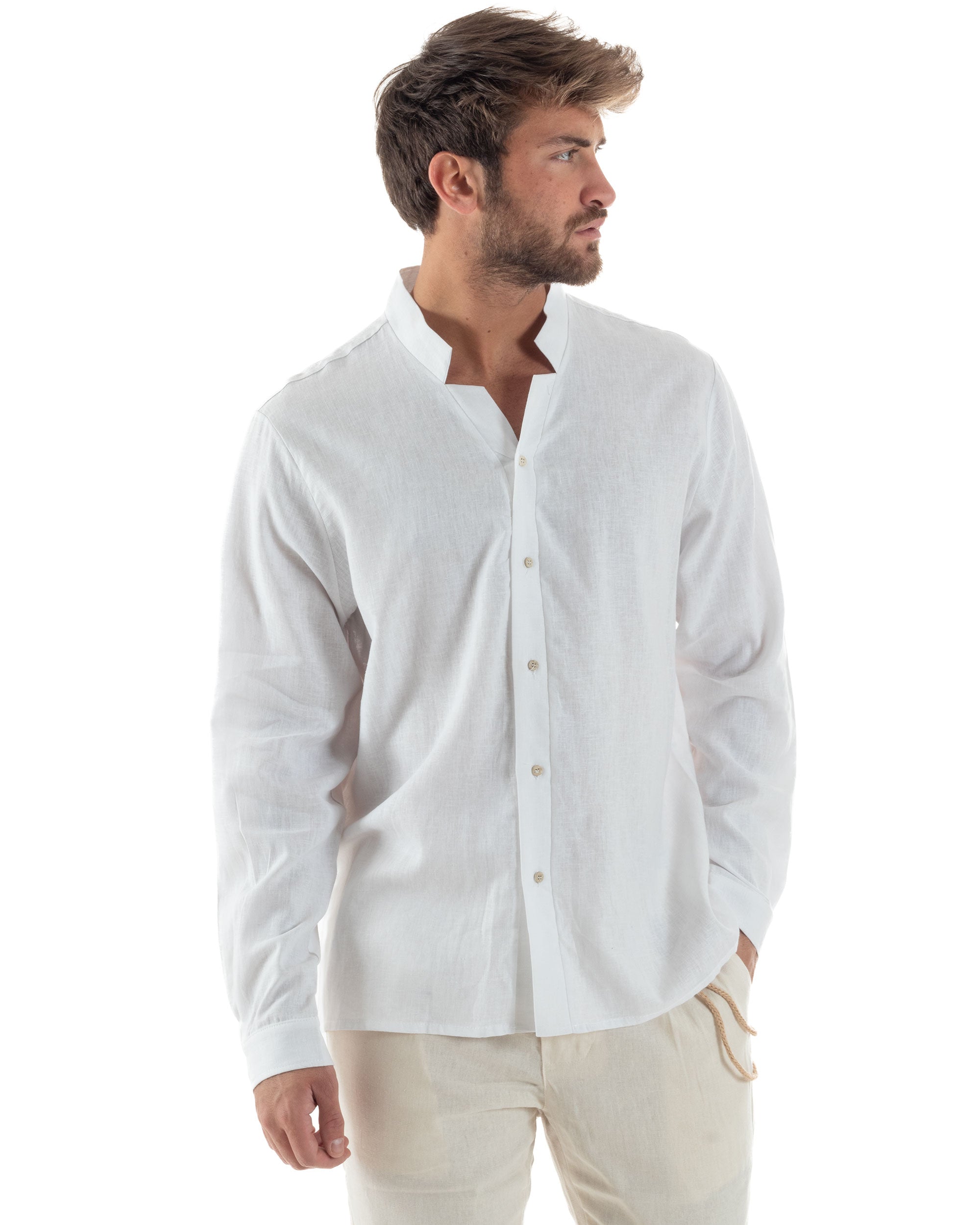 Camicia Uomo In Lino Collo Coreano Scollo V Morbida Leggera Tinta Unita Basic Bianco GIOSAL-C2954A