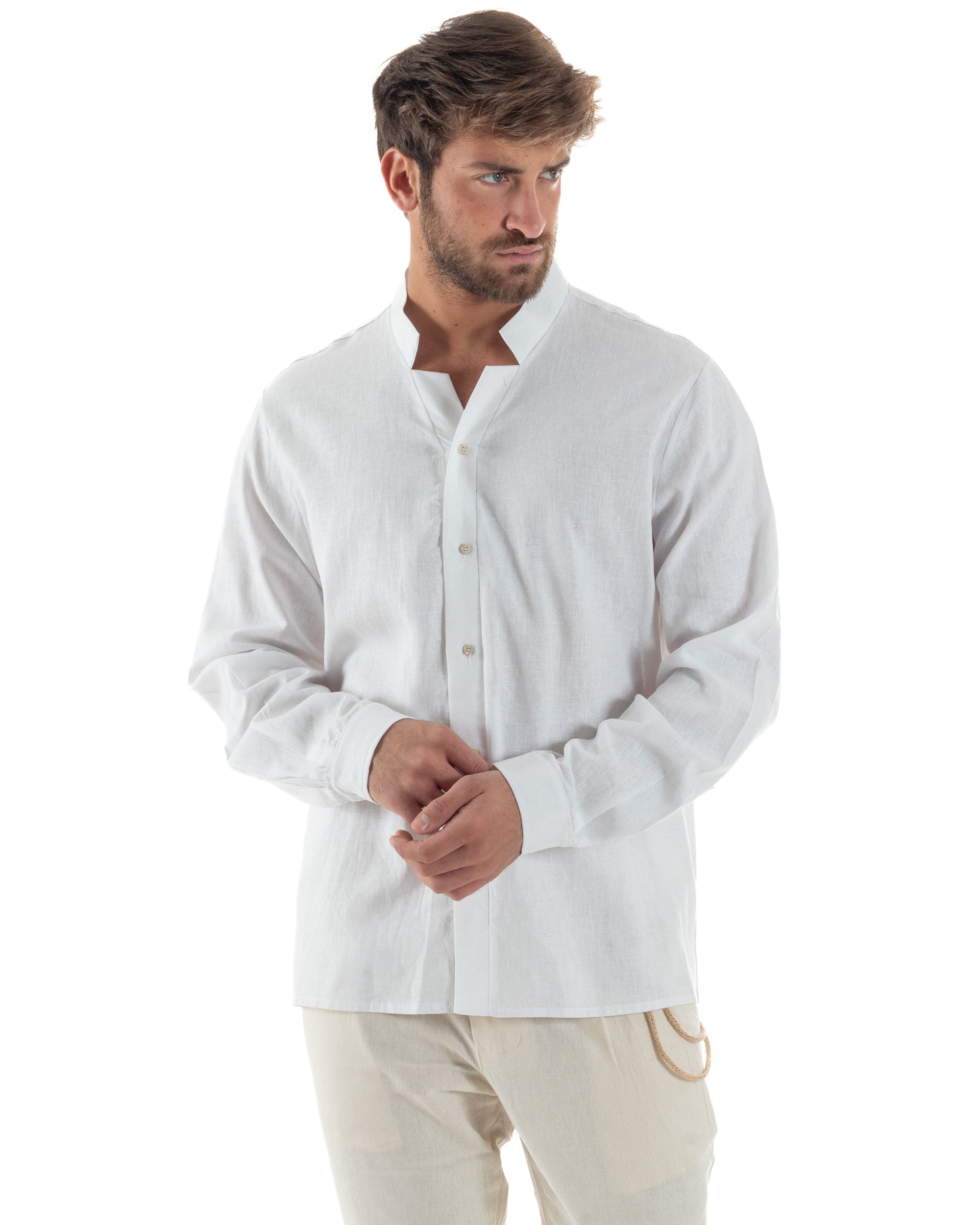 Camicia Uomo In Lino Collo Coreano Scollo V Morbida Leggera Tinta Unita Basic Bianco GIOSAL-C2954A