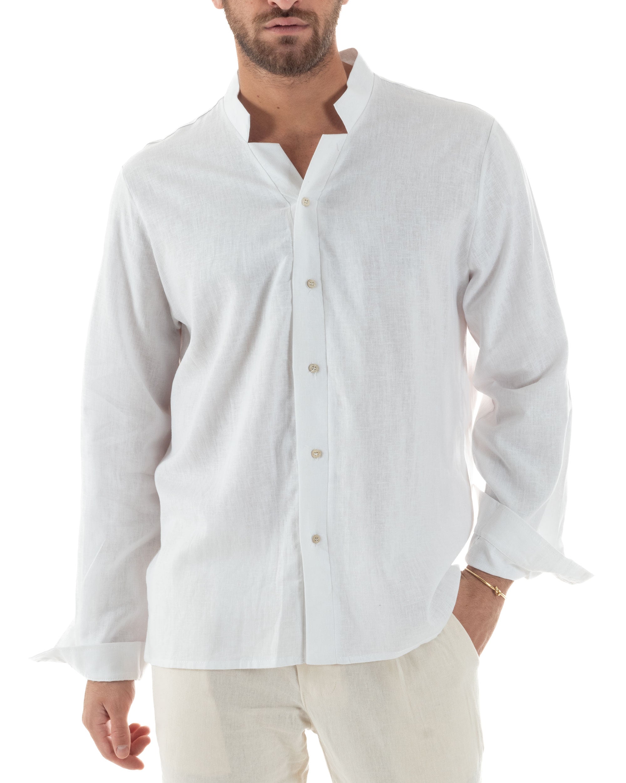 Camicia Uomo In Lino Collo Coreano Scollo V Morbida Leggera Tinta Unit